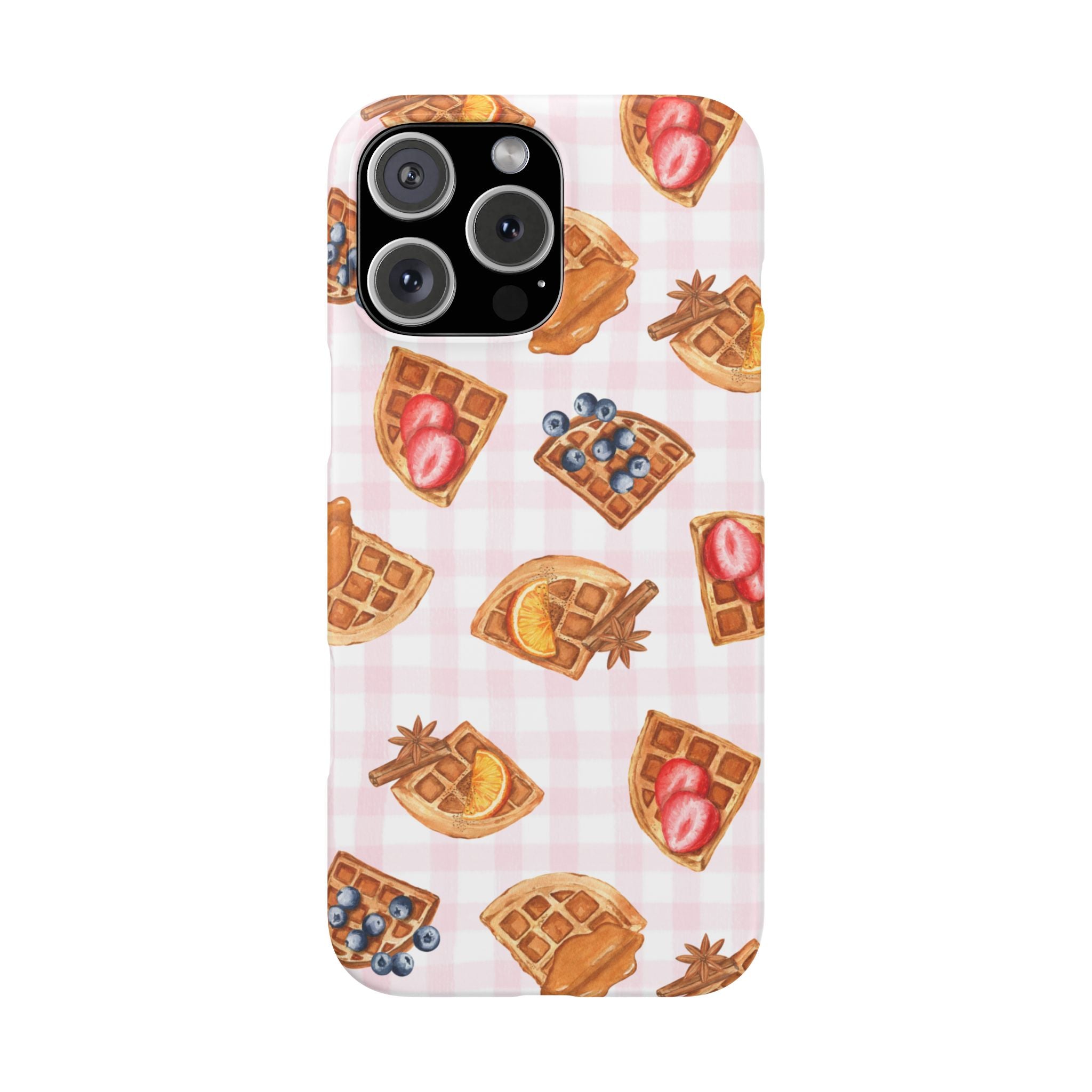 Waffle Picnic Phone Case — Cute Strawberry & Blueberry Waffles on Pink Gingham Snap Case