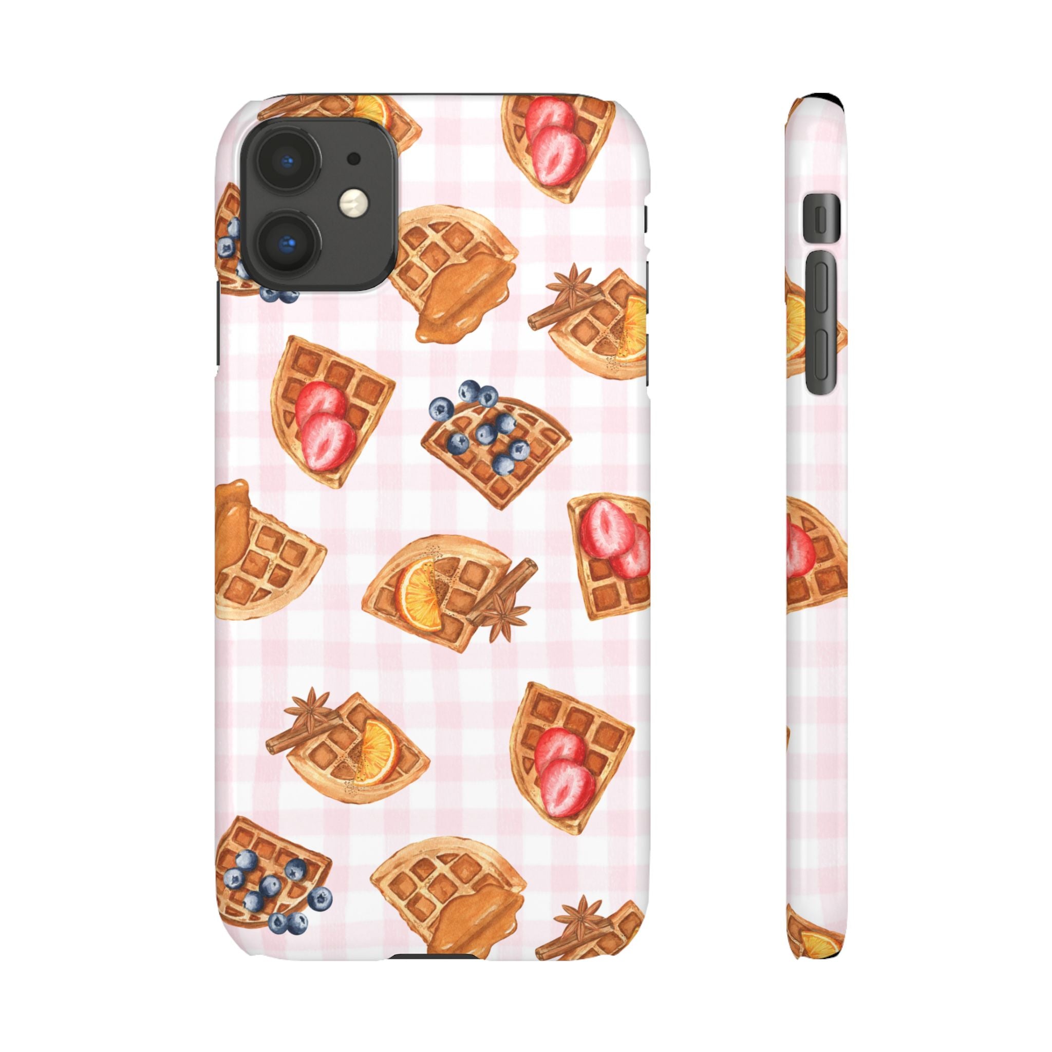 Waffle Picnic Phone Case — Cute Strawberry & Blueberry Waffles on Pink Gingham Snap Case