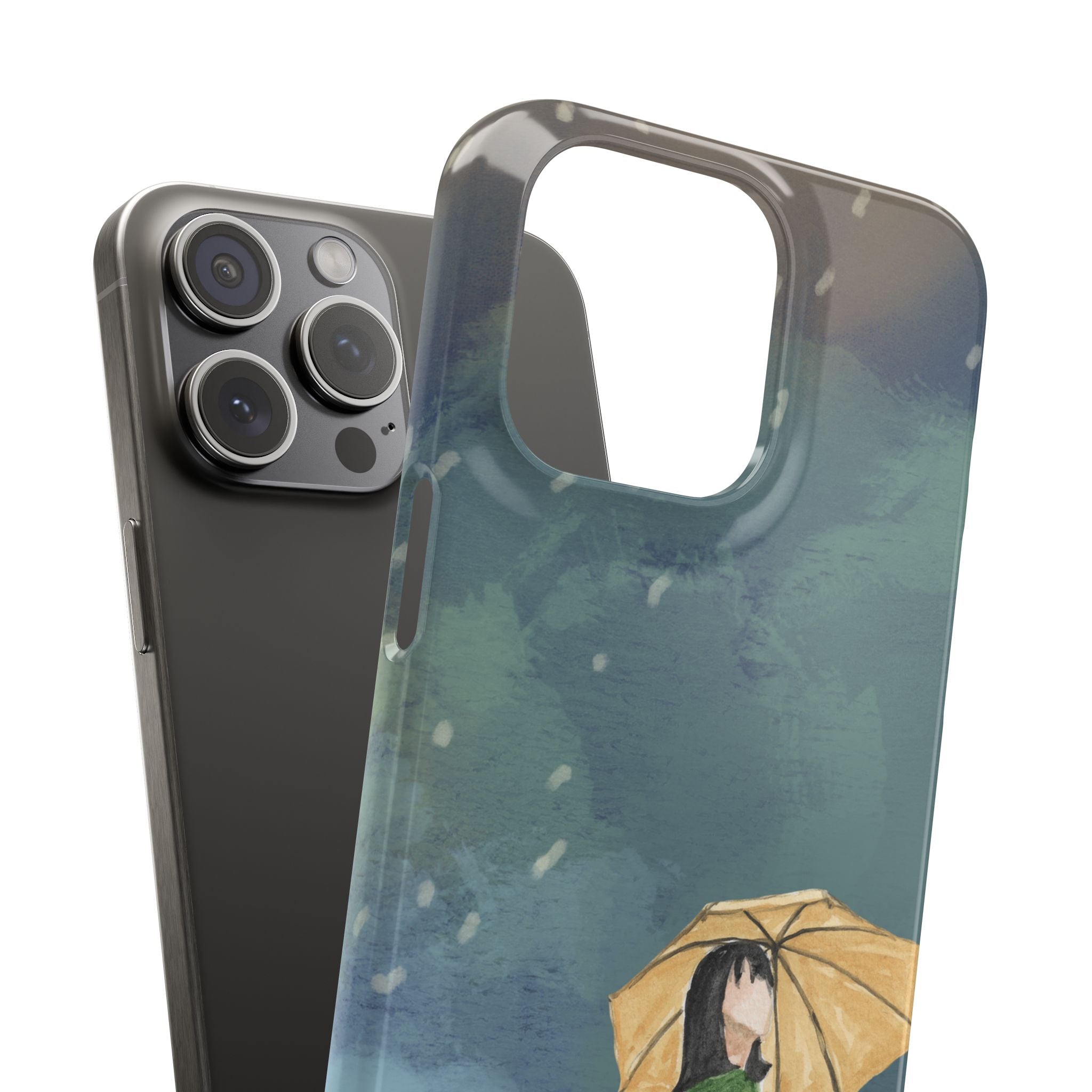 Artistic Rainfall Phone Case – Woman with Umbrella Design
