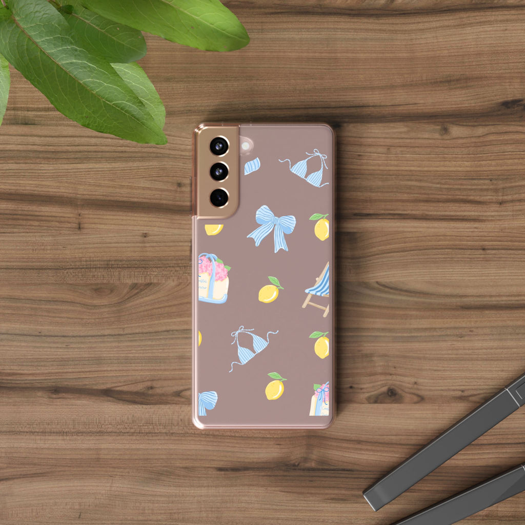 Clear Phone Case — Summer Lemon & Bow Pattern (bikini, beach chair, cake)