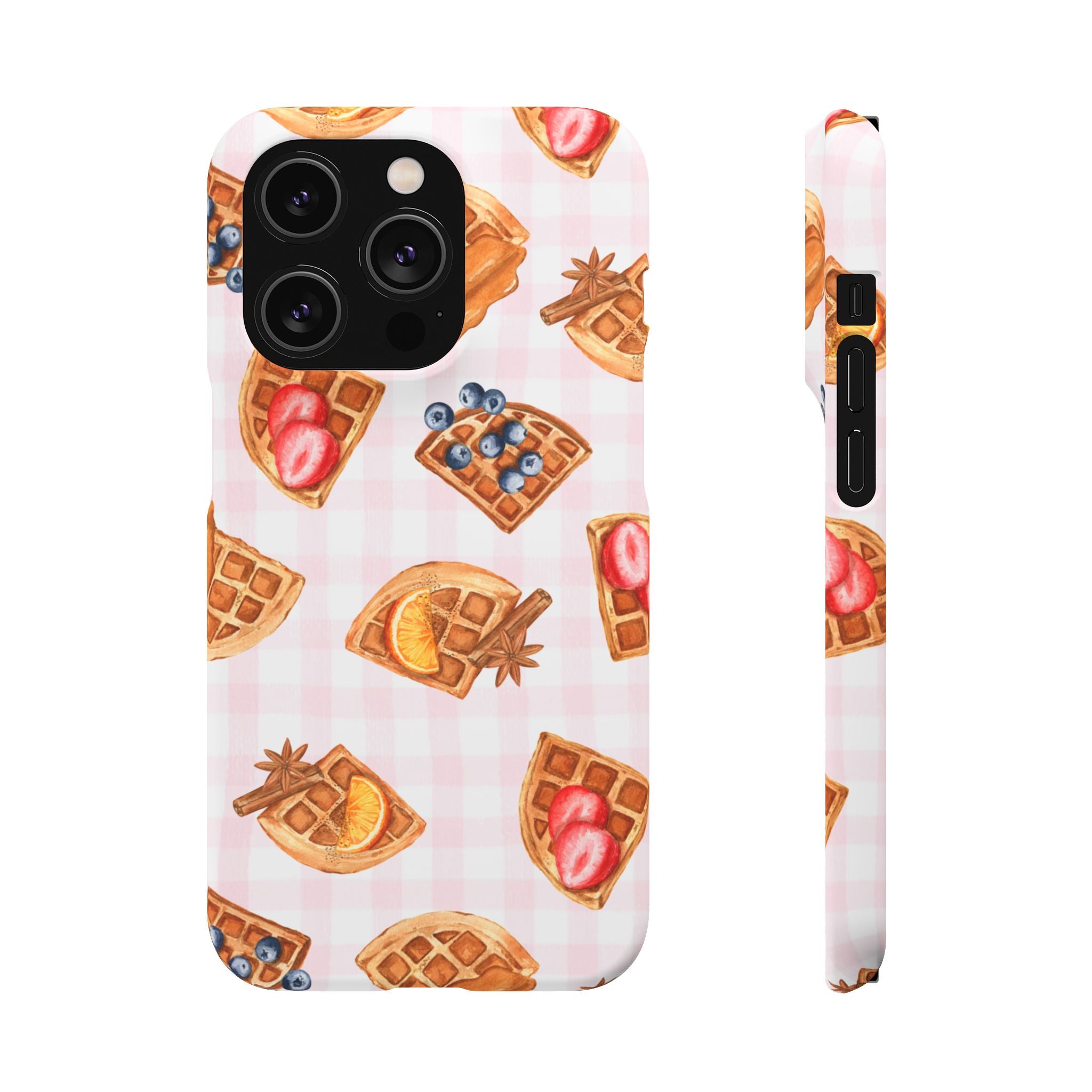 Waffle Picnic Phone Case — Cute Strawberry & Blueberry Waffles on Pink Gingham Snap Case