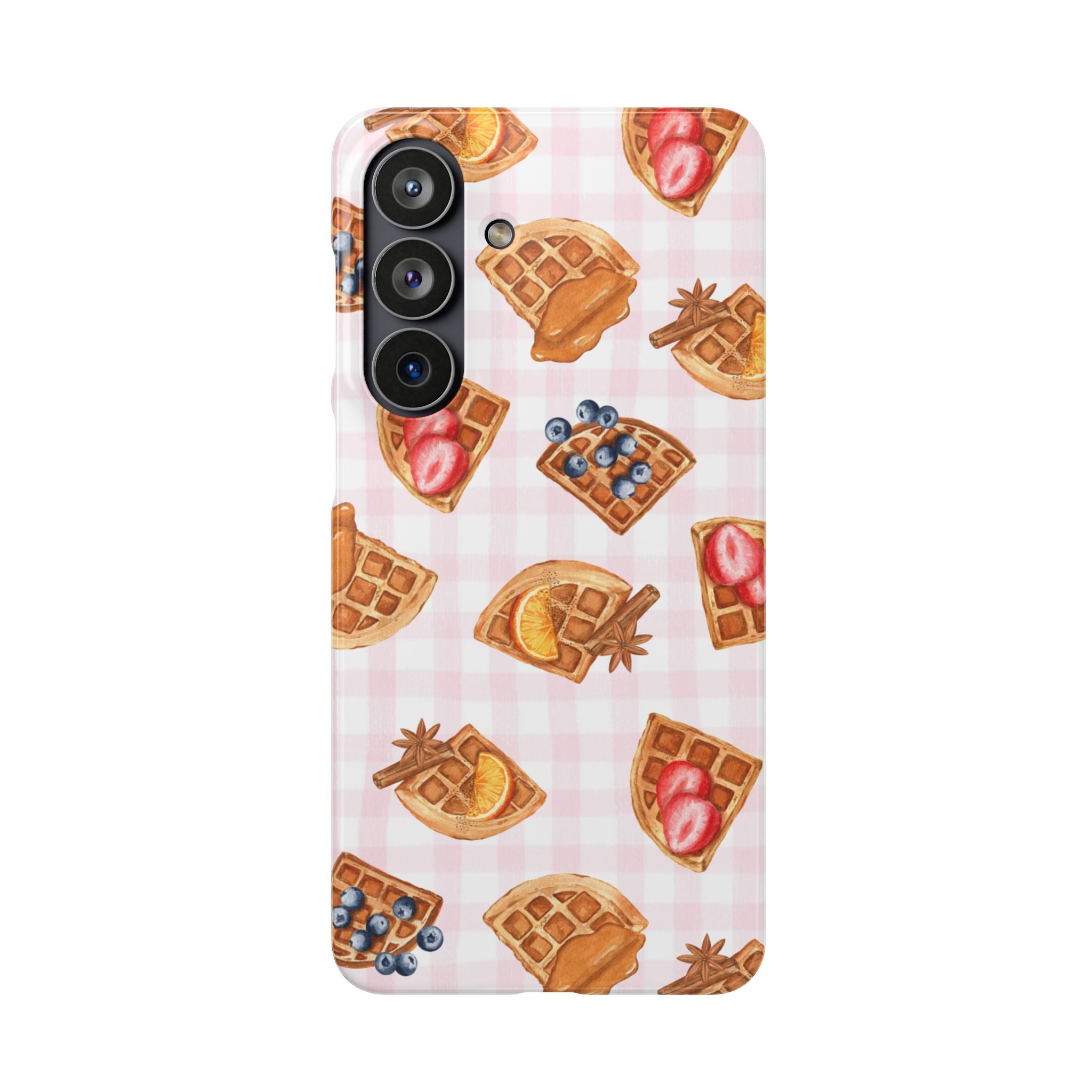 Waffle Picnic Phone Case — Cute Strawberry & Blueberry Waffles on Pink Gingham Snap Case