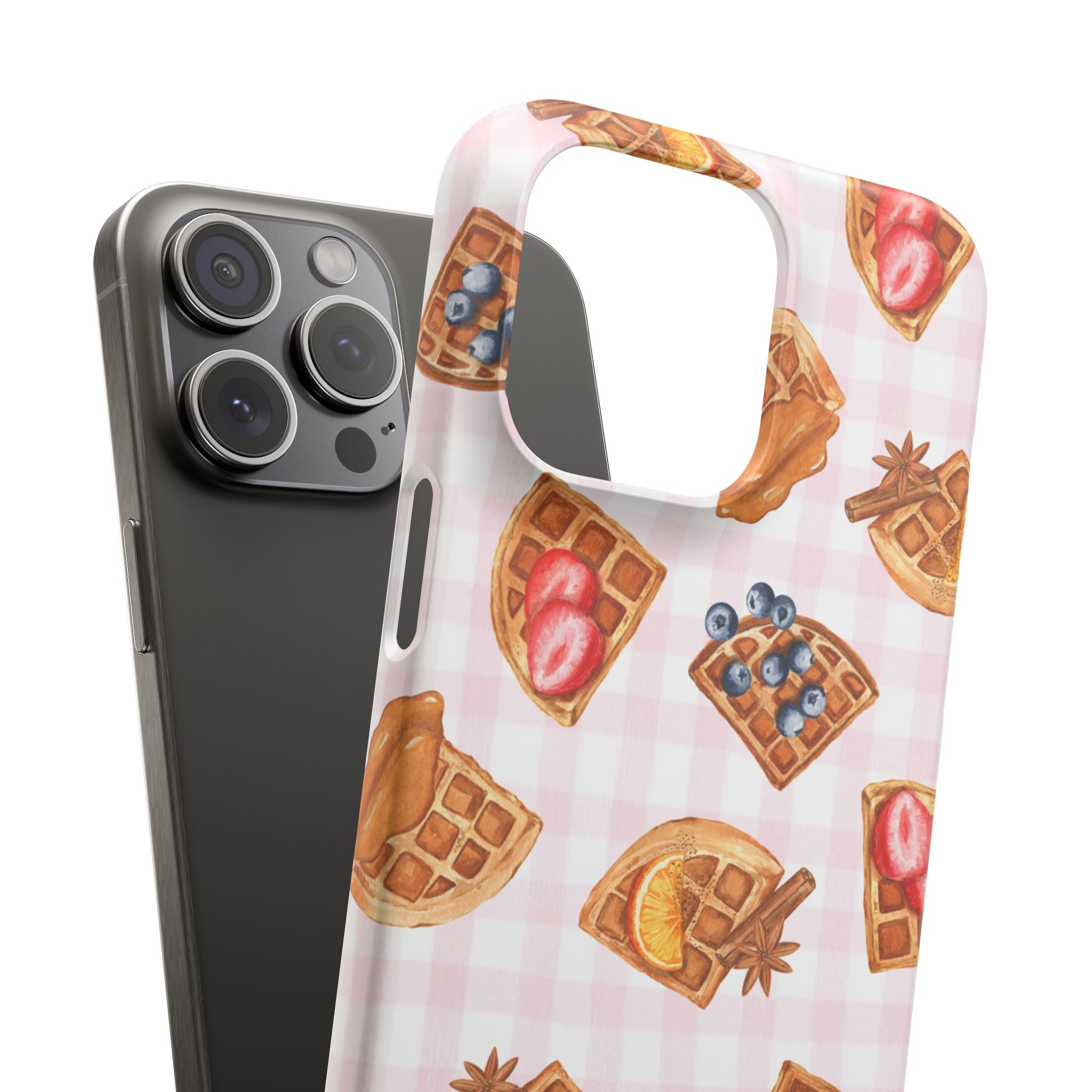 Waffle Picnic Phone Case — Cute Strawberry & Blueberry Waffles on Pink Gingham Snap Case
