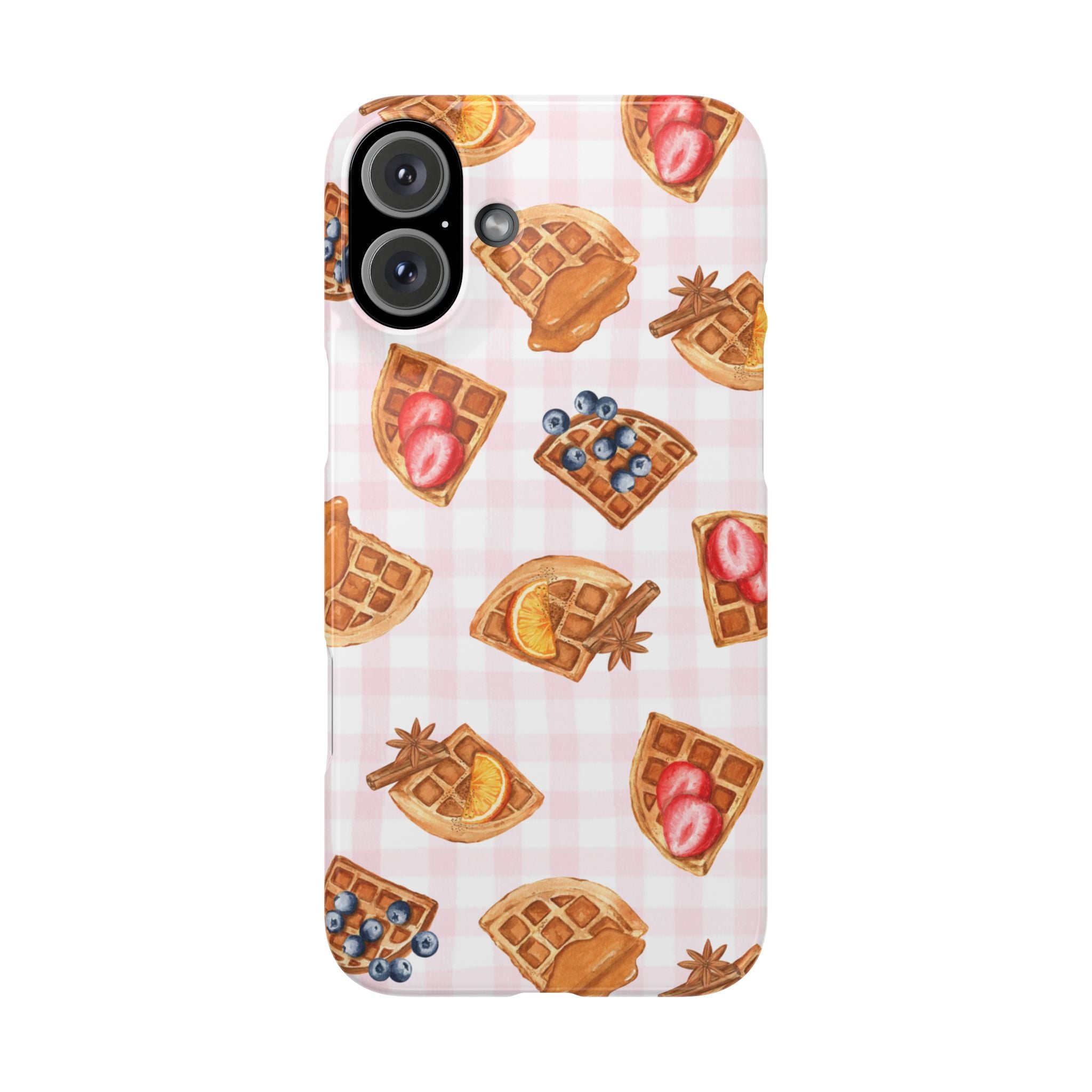 Waffle Picnic Phone Case — Cute Strawberry & Blueberry Waffles on Pink Gingham Snap Case