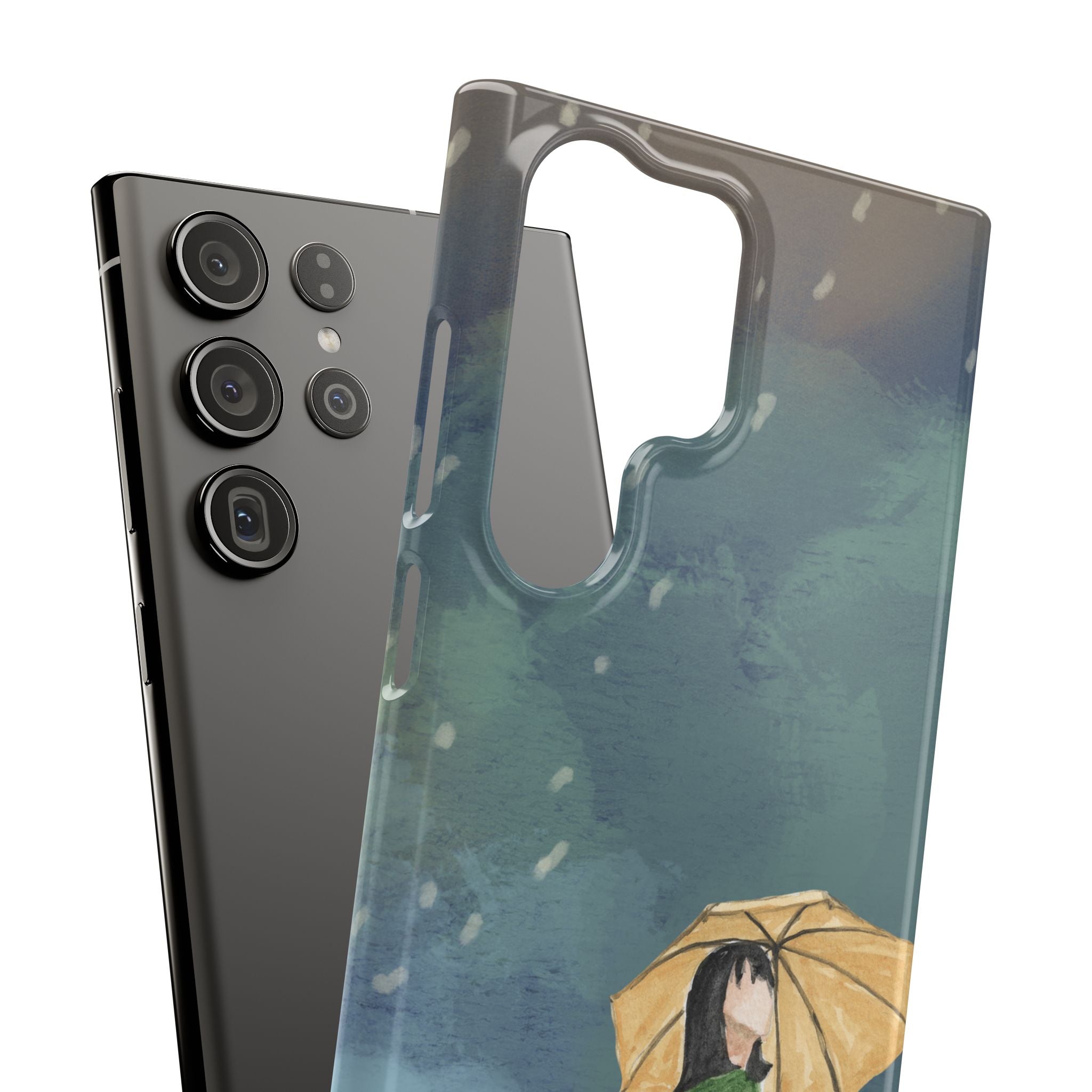 Artistic Rainfall Phone Case – Woman with Umbrella Design
