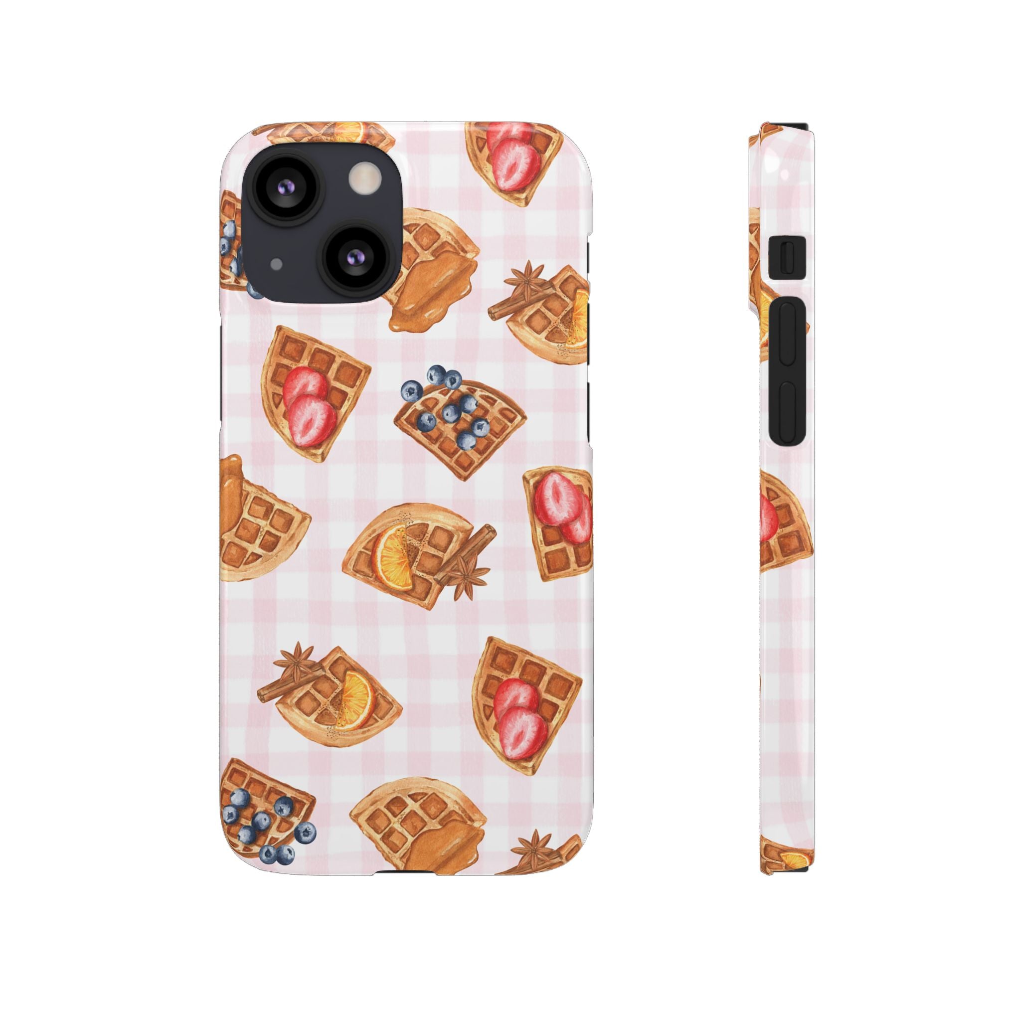 Waffle Picnic Phone Case — Cute Strawberry & Blueberry Waffles on Pink Gingham Snap Case