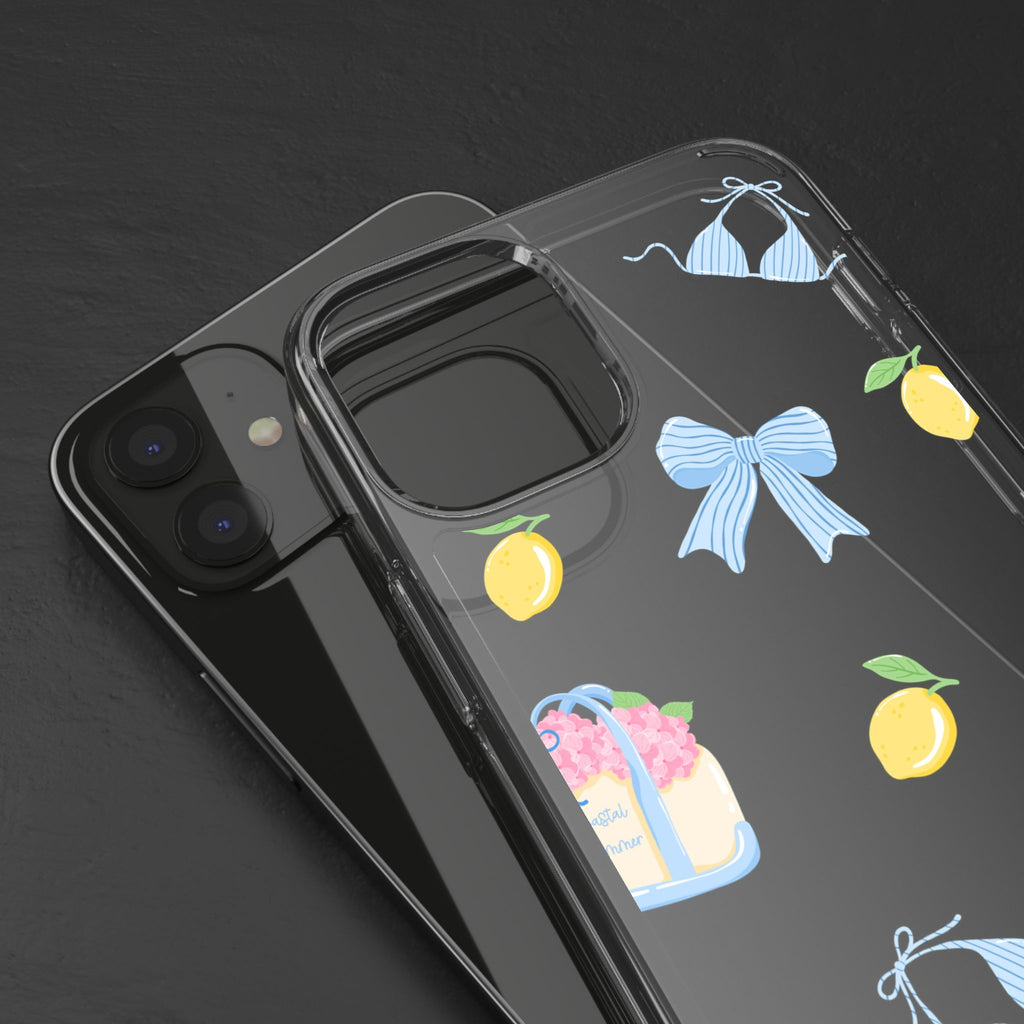 Clear Phone Case — Summer Lemon & Bow Pattern (bikini, beach chair, cake)