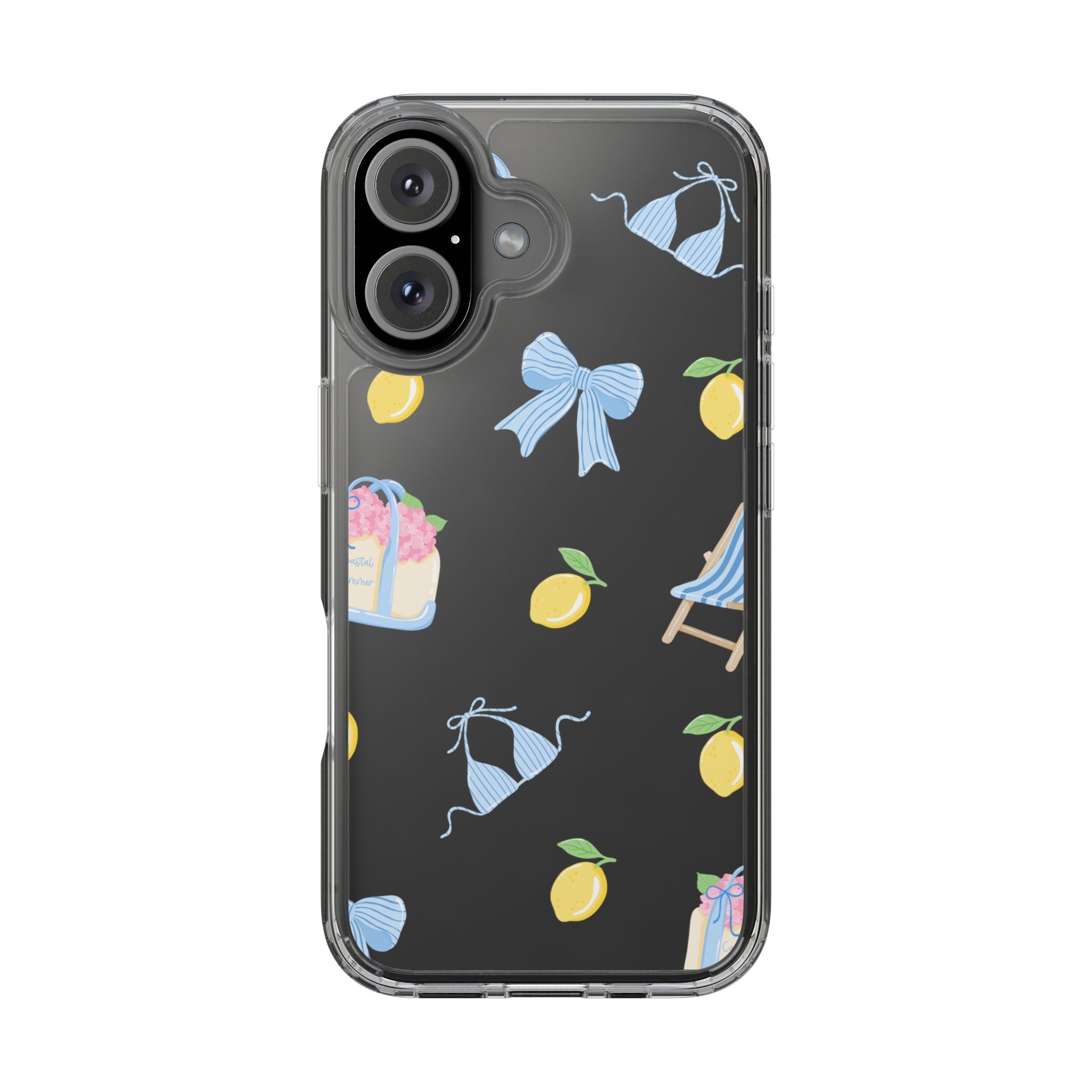 Clear Phone Case — Summer Lemon & Bow Pattern (bikini, beach chair, cake)