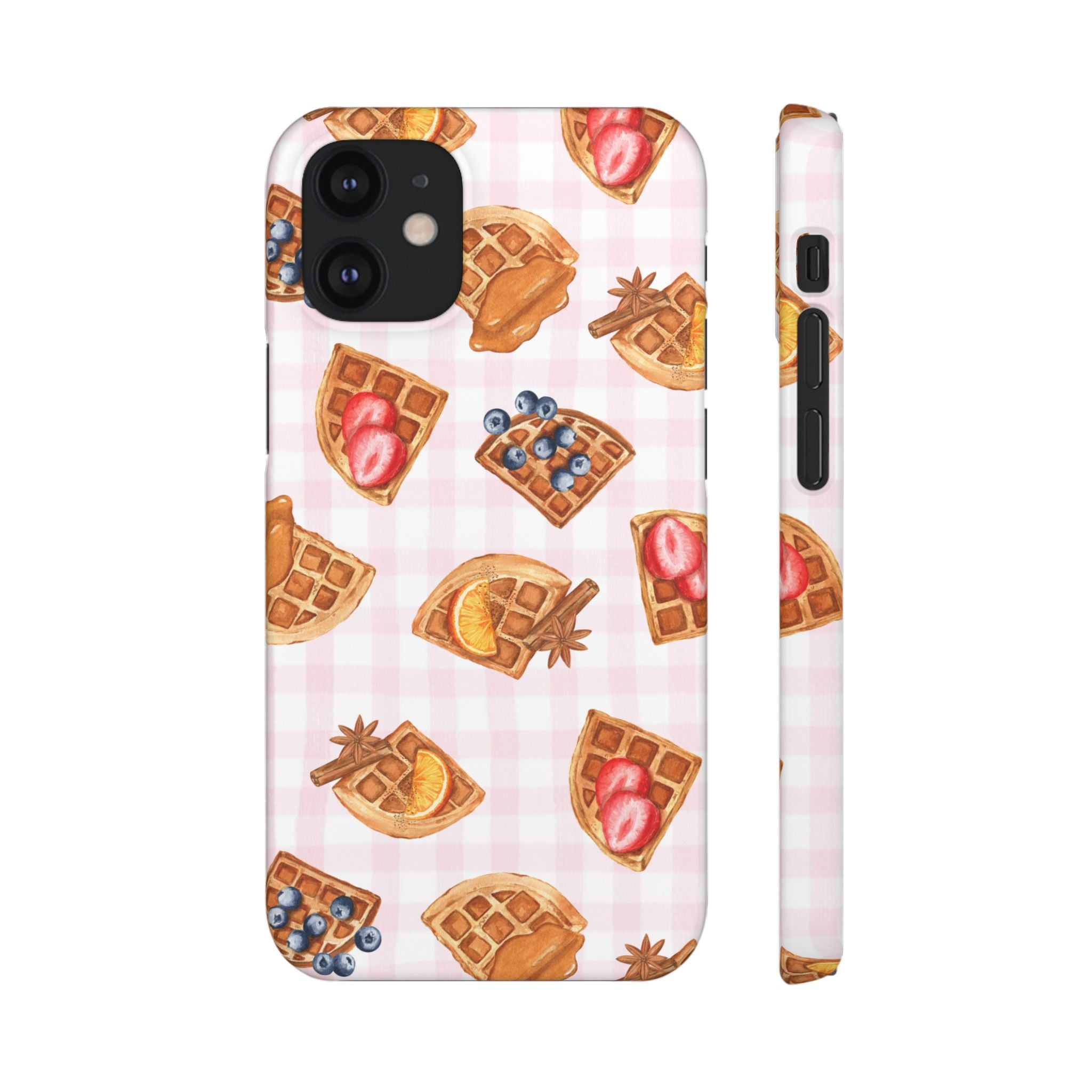 Waffle Picnic Phone Case — Cute Strawberry & Blueberry Waffles on Pink Gingham Snap Case