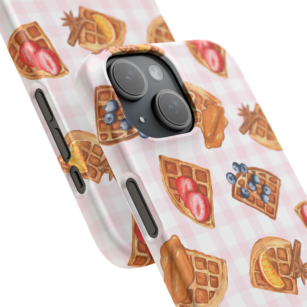 Waffle Picnic Phone Case — Cute Strawberry & Blueberry Waffles on Pink Gingham Snap Case