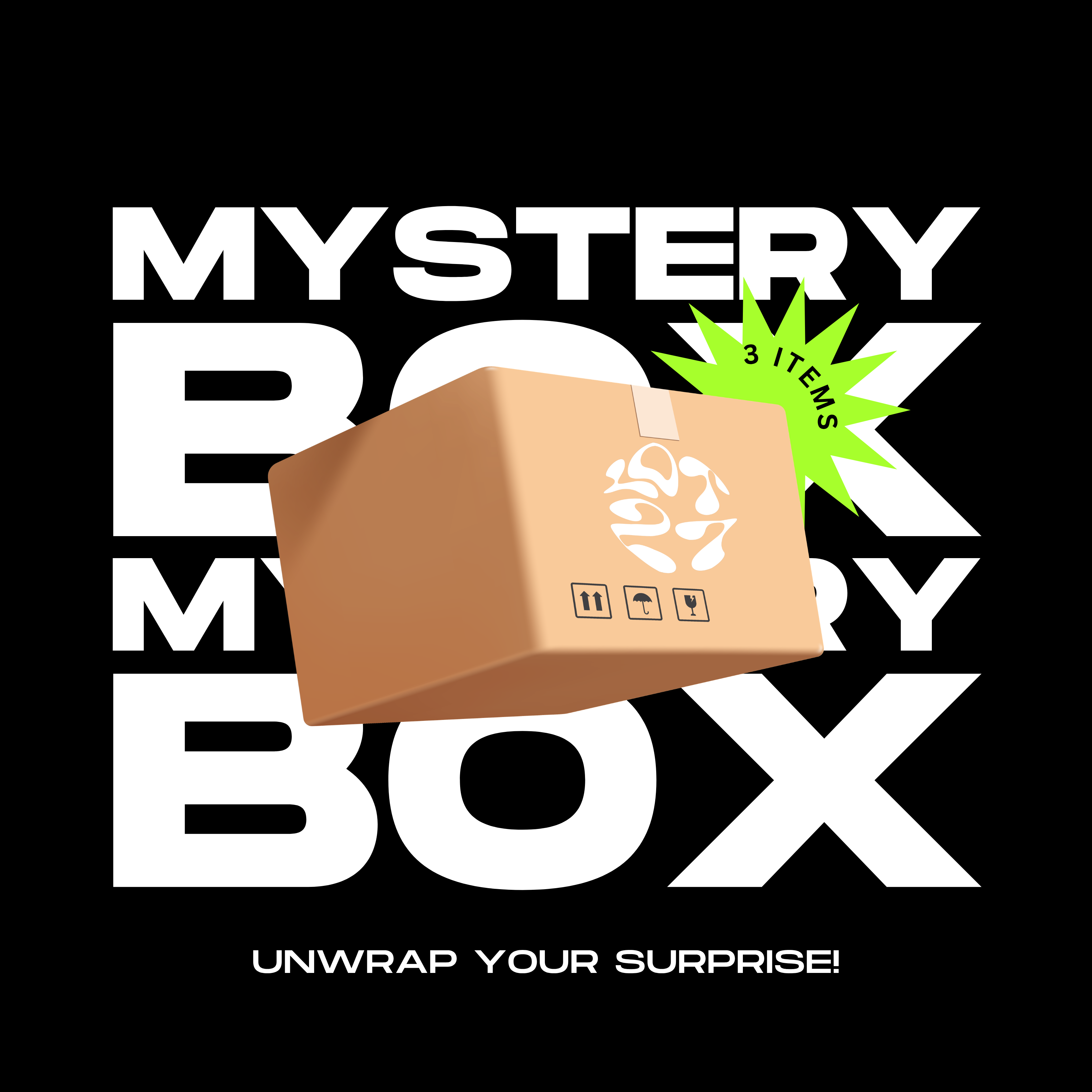 MYSTERY BOX - ALL ITEMS featuring a surprise package with 3 items on a bold black background.