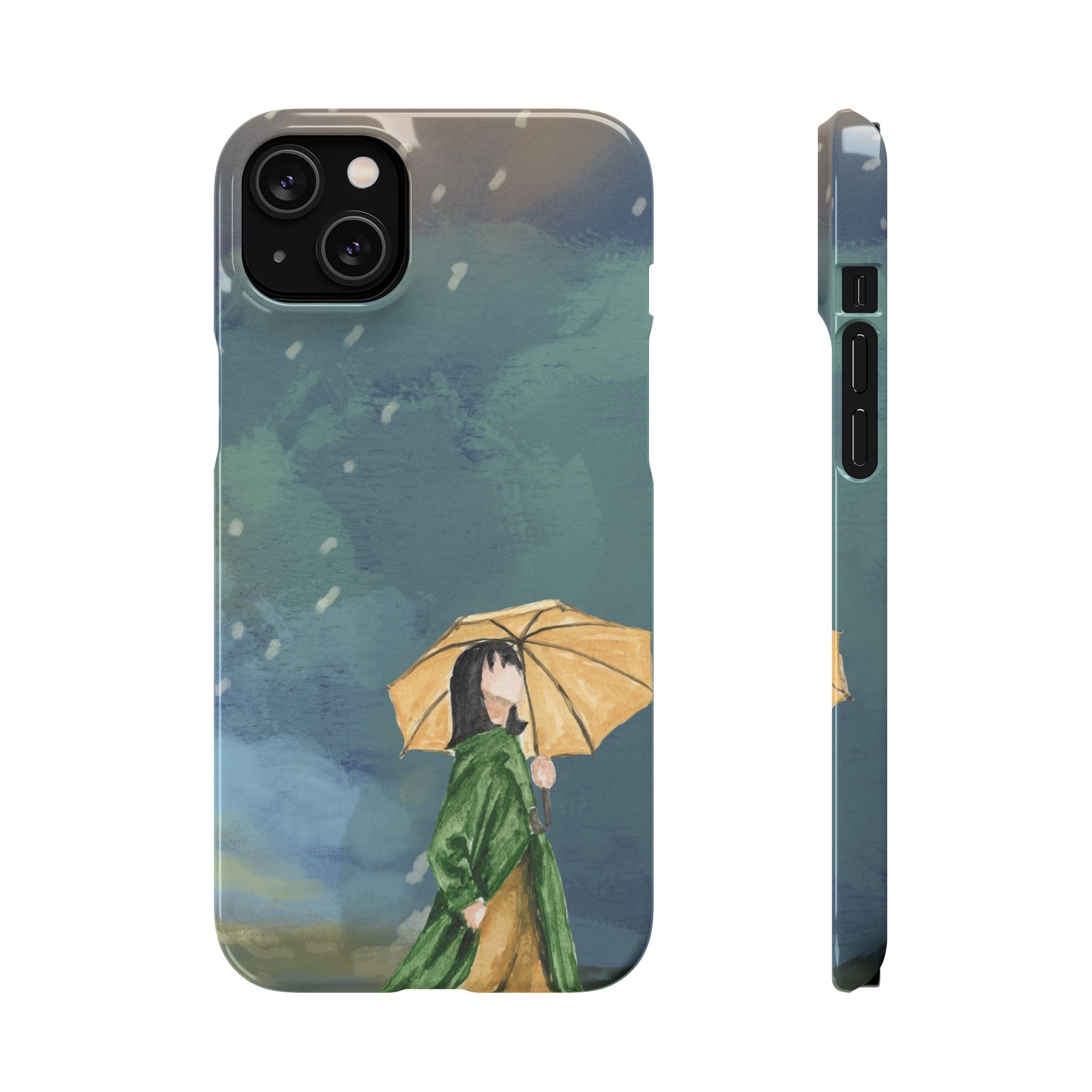 Artistic Rainfall Phone Case – Woman with Umbrella Design