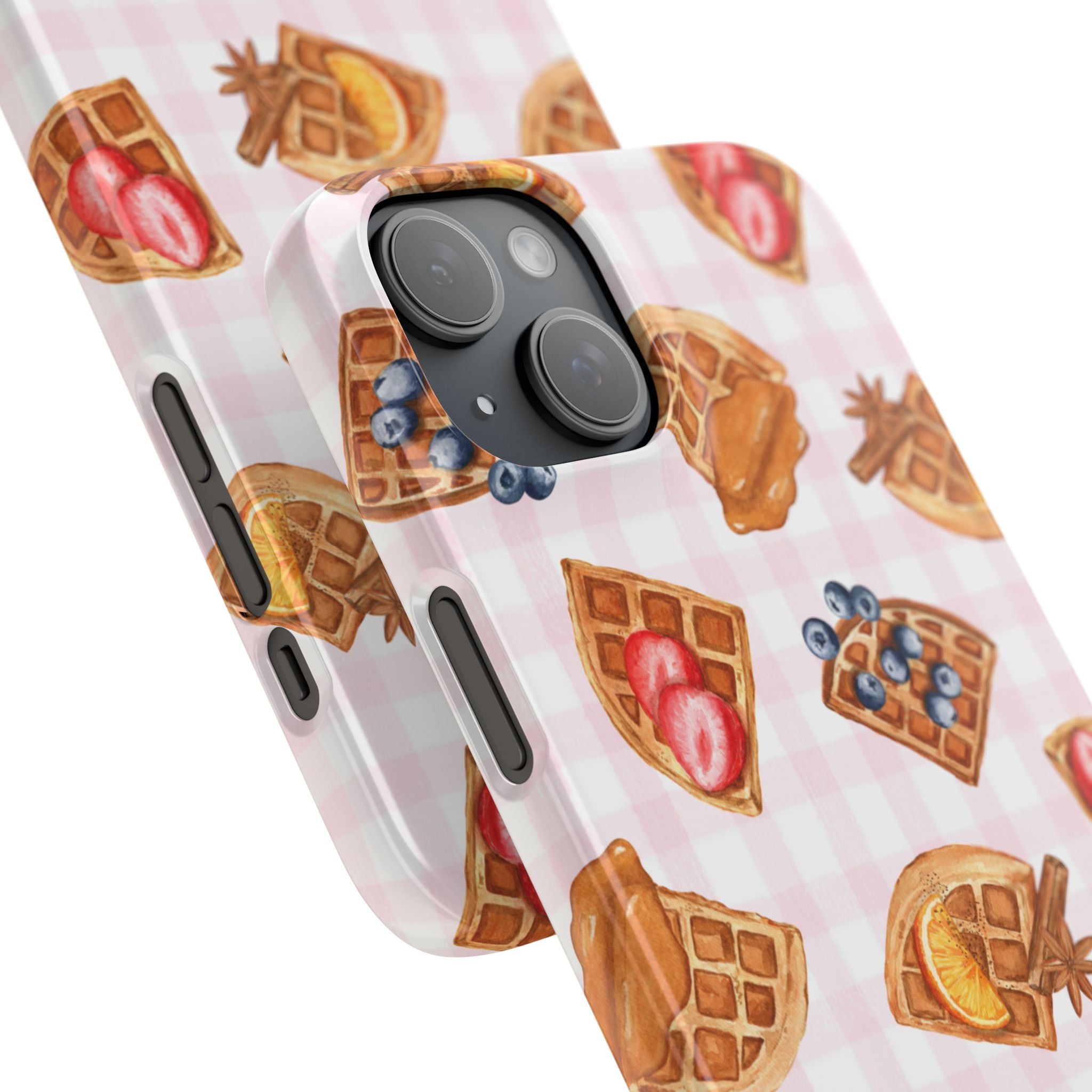 Waffle Picnic Phone Case — Cute Strawberry & Blueberry Waffles on Pink Gingham Snap Case