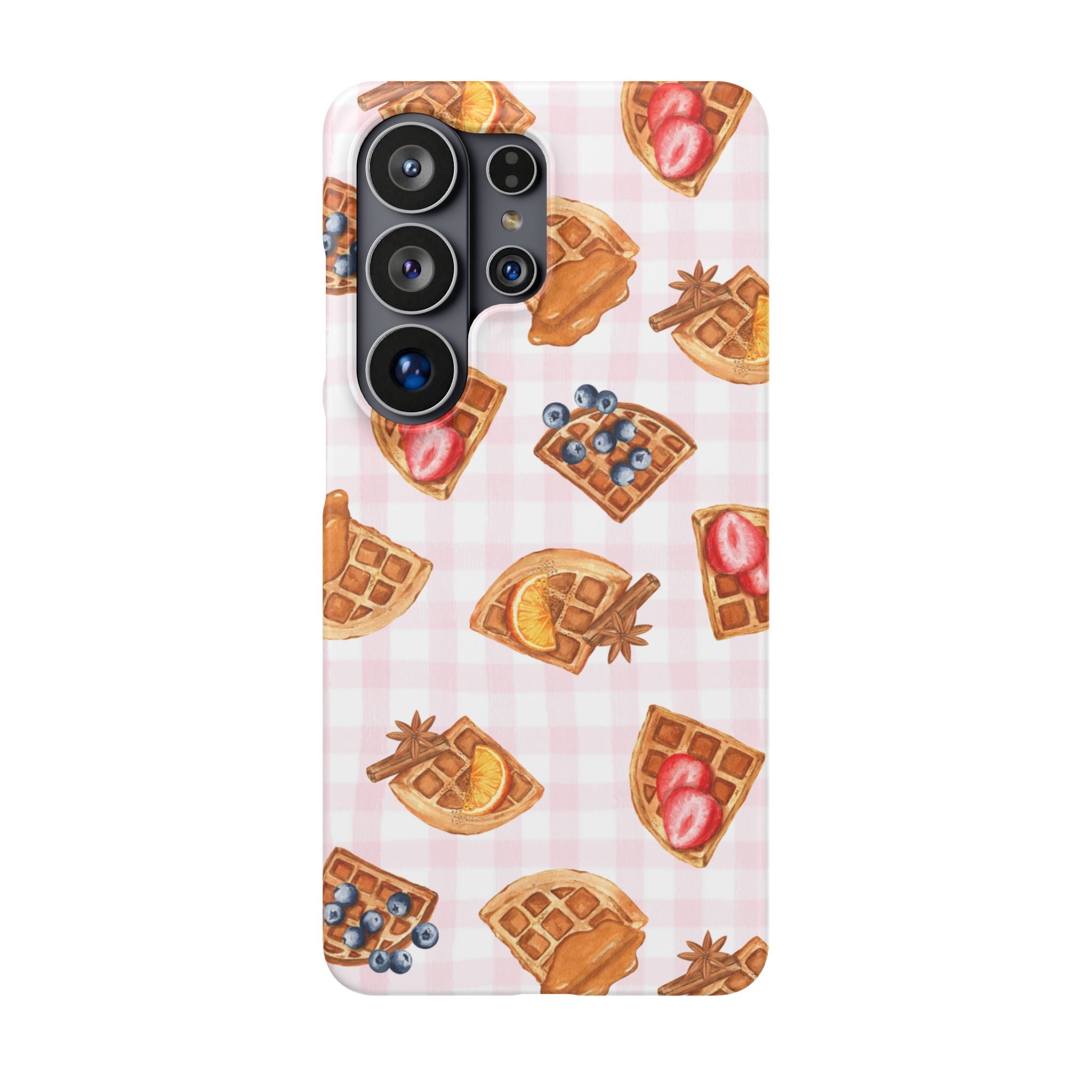 Waffle Picnic Phone Case — Cute Strawberry & Blueberry Waffles on Pink Gingham Snap Case