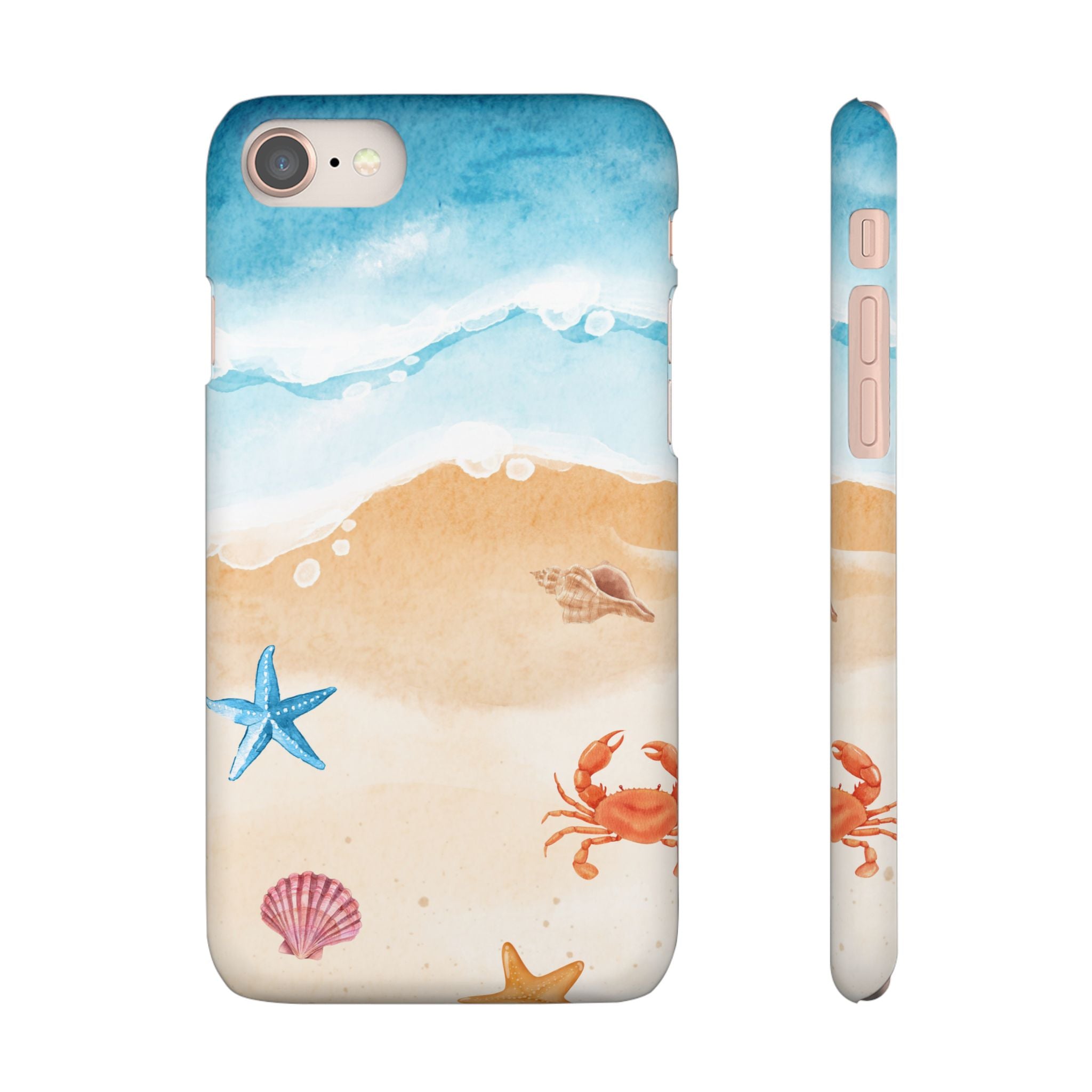 Beach Scene Phone Case — Watercolor Sand, Seashells & Crabs