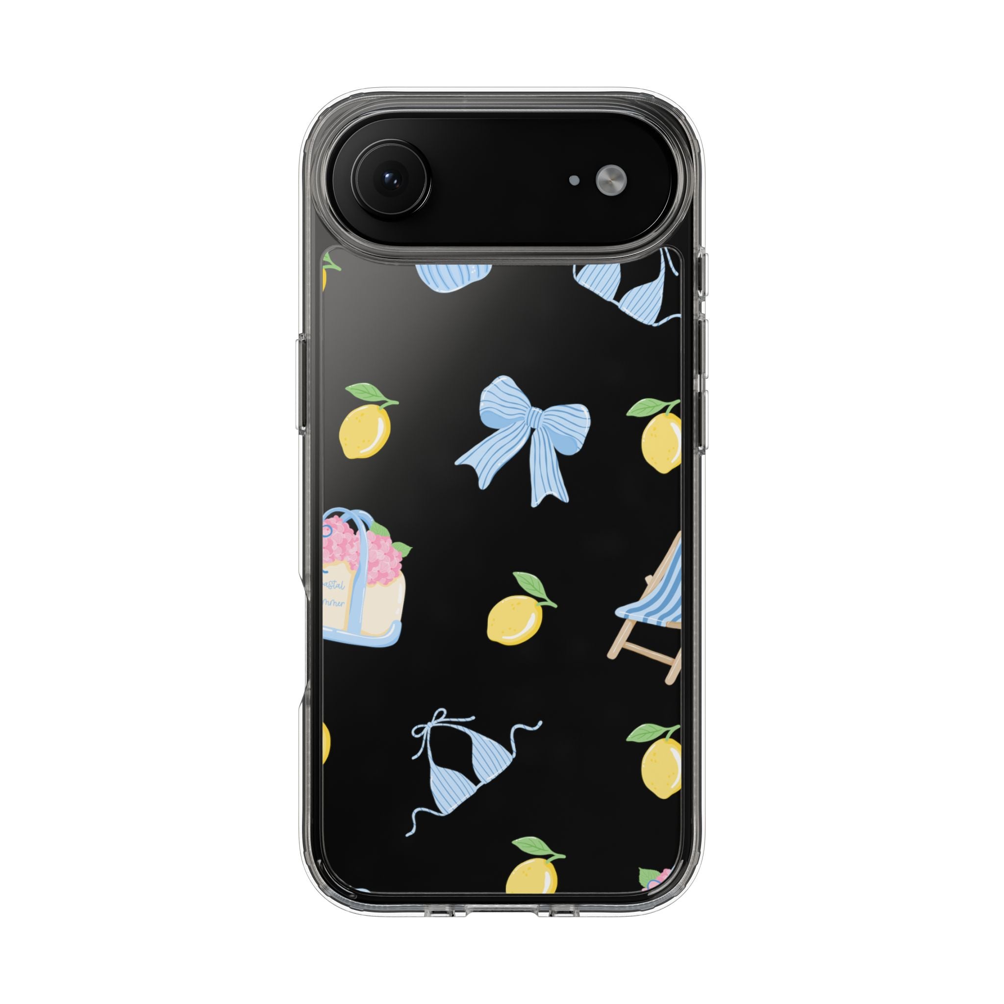 Clear Phone Case — Summer Lemon & Bow Pattern (bikini, beach chair, cake)