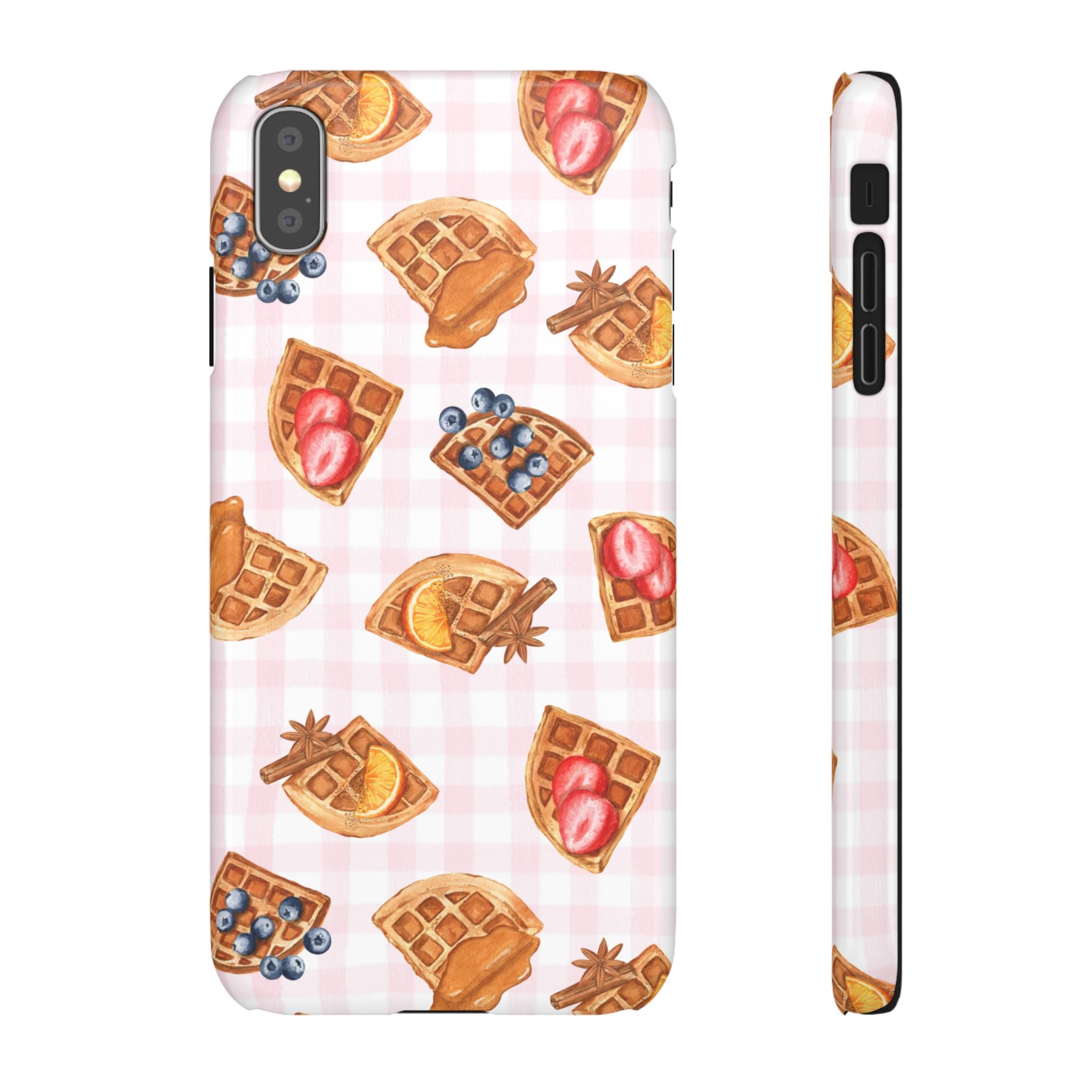Waffle Picnic Phone Case — Cute Strawberry & Blueberry Waffles on Pink Gingham Snap Case