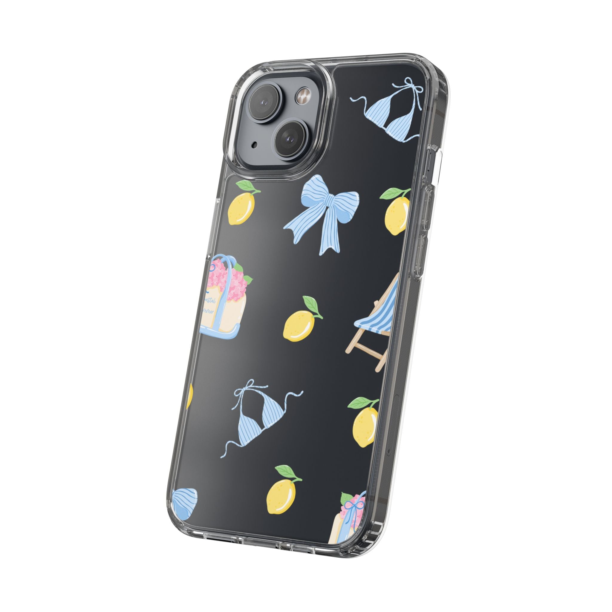 Clear Phone Case — Summer Lemon & Bow Pattern (bikini, beach chair, cake)