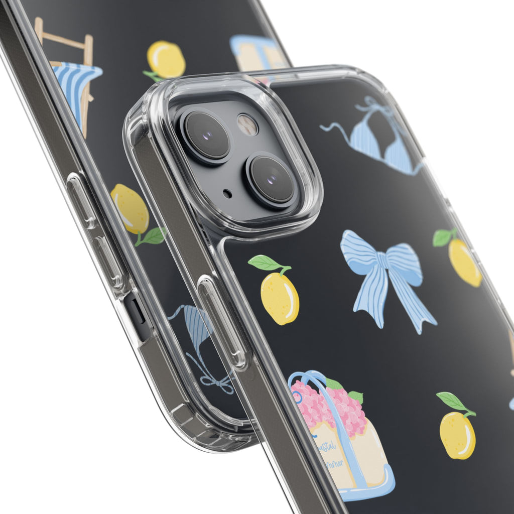 Clear Phone Case — Summer Lemon & Bow Pattern (bikini, beach chair, cake)