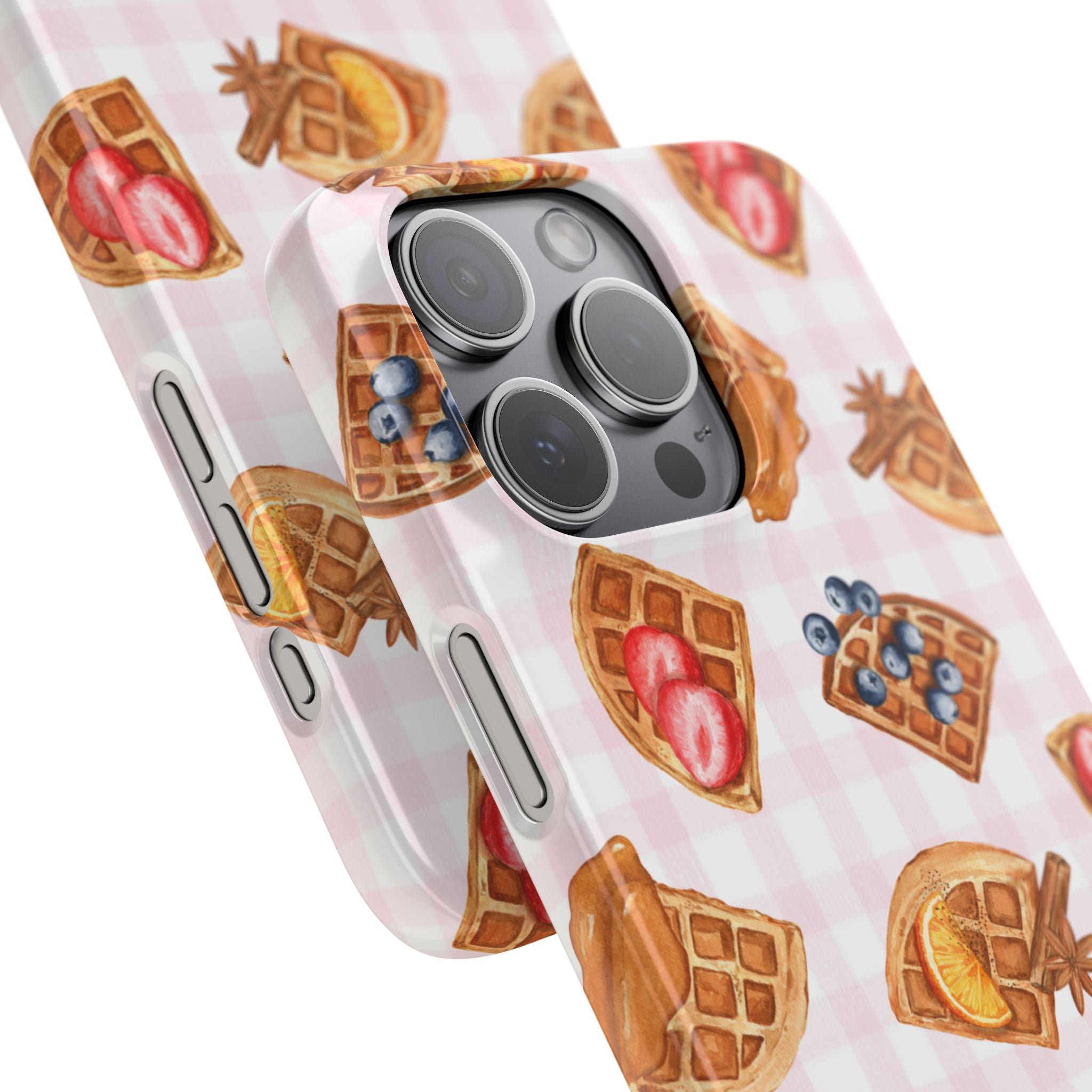 Waffle Picnic Phone Case — Cute Strawberry & Blueberry Waffles on Pink Gingham Snap Case