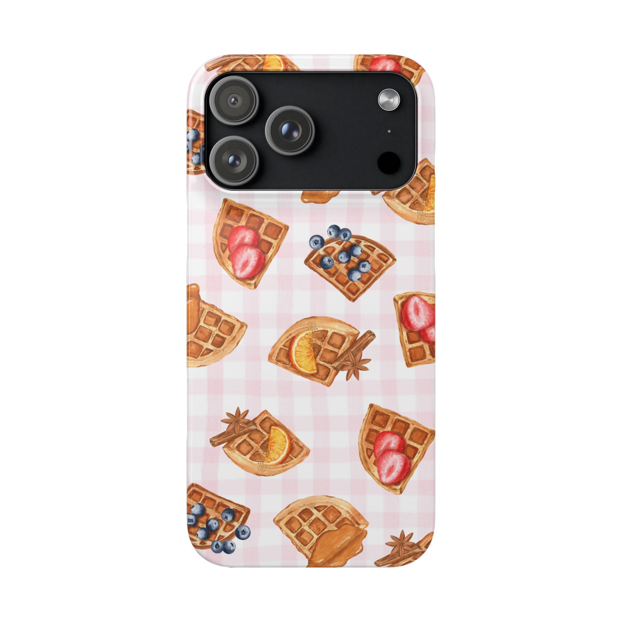 Waffle Picnic Phone Case — Cute Strawberry & Blueberry Waffles on Pink Gingham Snap Case