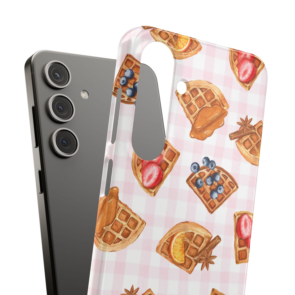 Waffle Picnic Phone Case — Cute Strawberry & Blueberry Waffles on Pink Gingham Snap Case