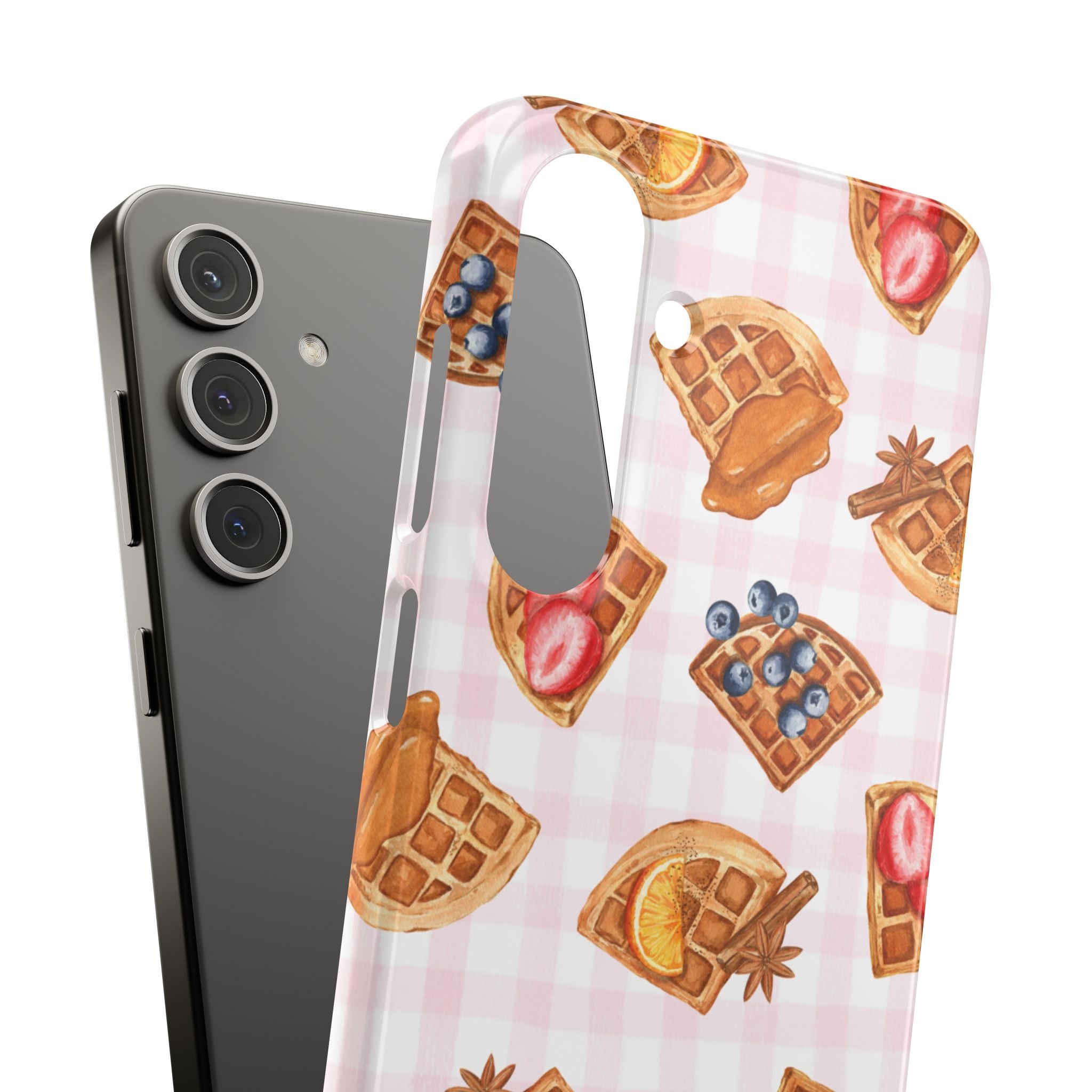 Waffle Picnic Phone Case — Cute Strawberry & Blueberry Waffles on Pink Gingham Snap Case