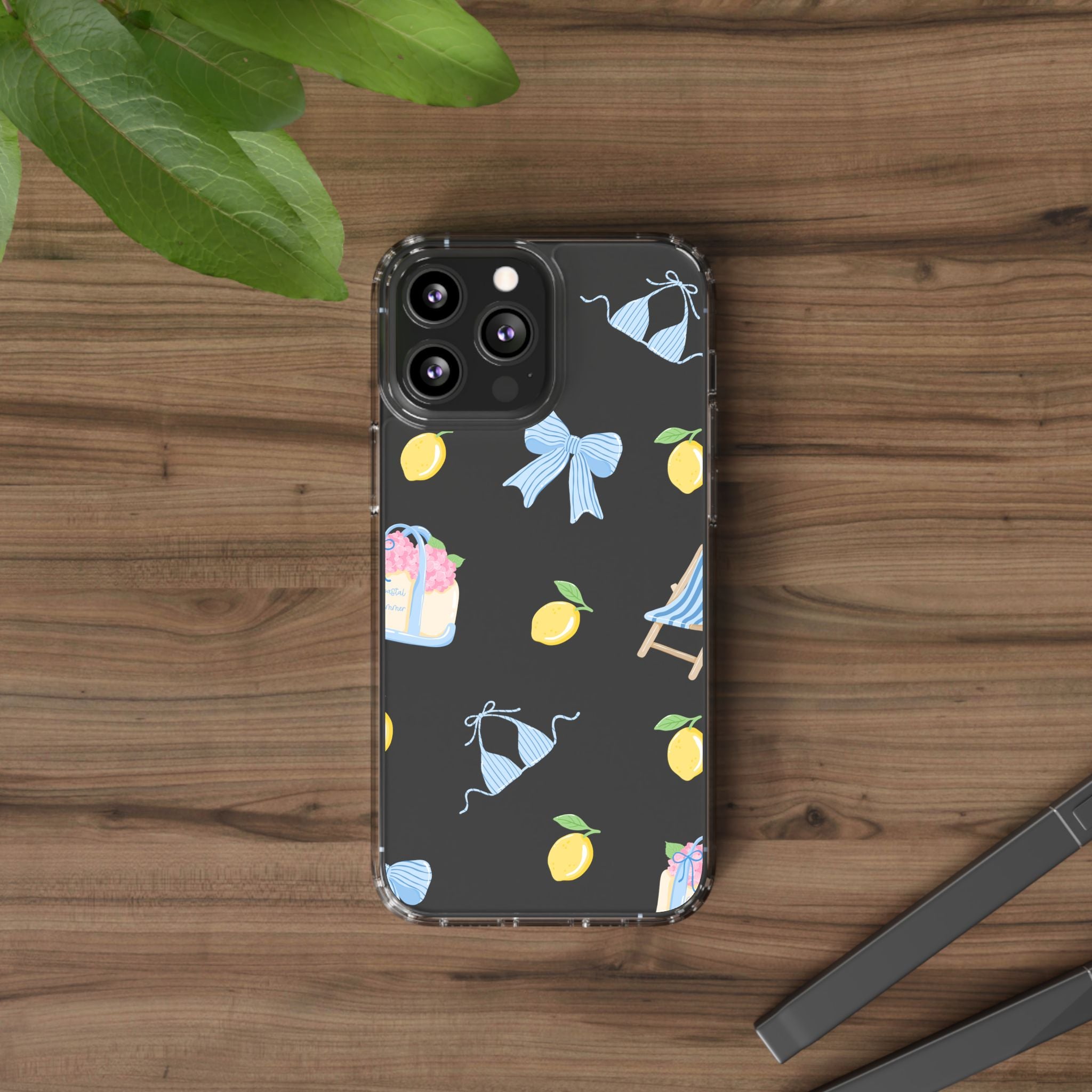 Clear Phone Case — Summer Lemon & Bow Pattern (bikini, beach chair, cake)
