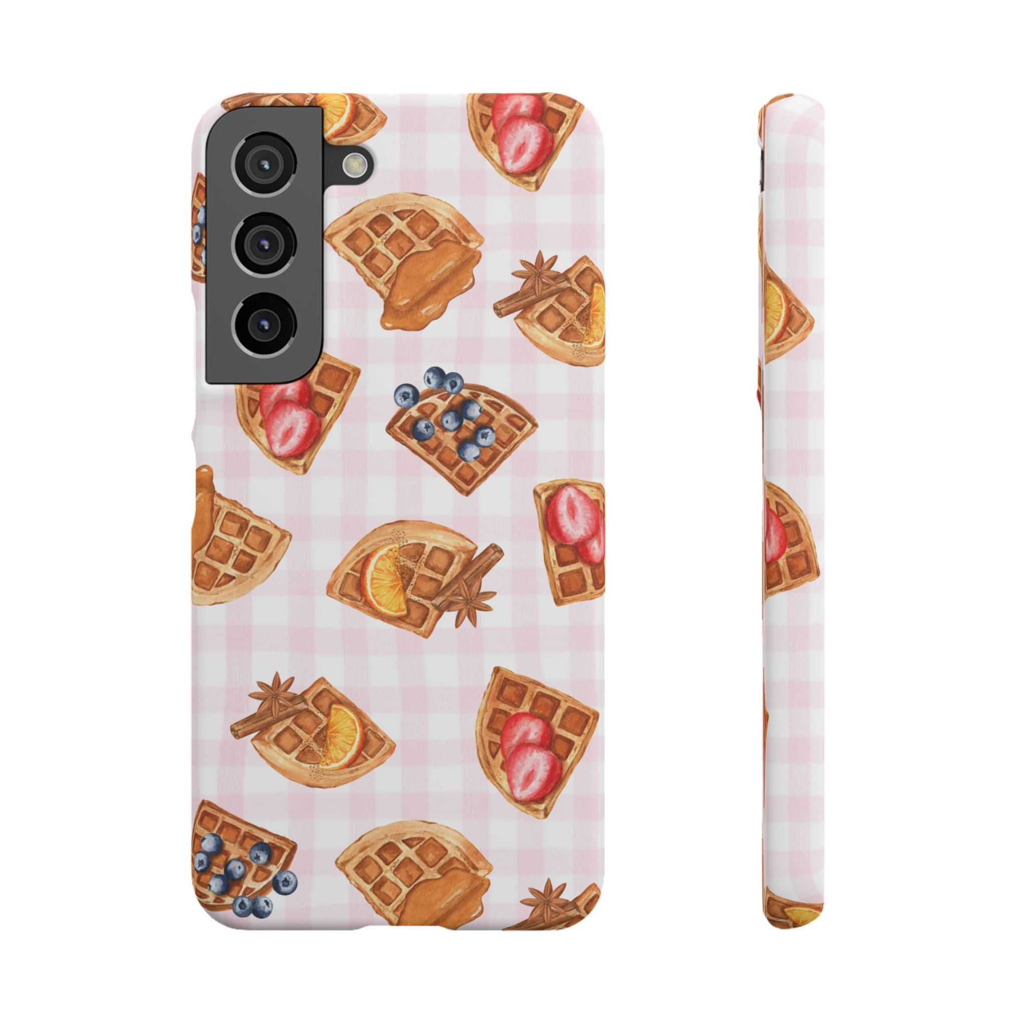 Waffle Picnic Phone Case — Cute Strawberry & Blueberry Waffles on Pink Gingham Snap Case