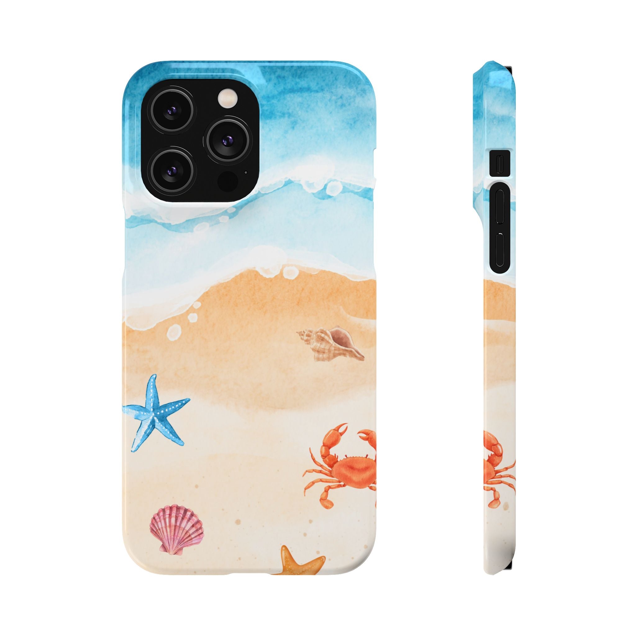 Beach Scene Phone Case — Watercolor Sand, Seashells & Crabs