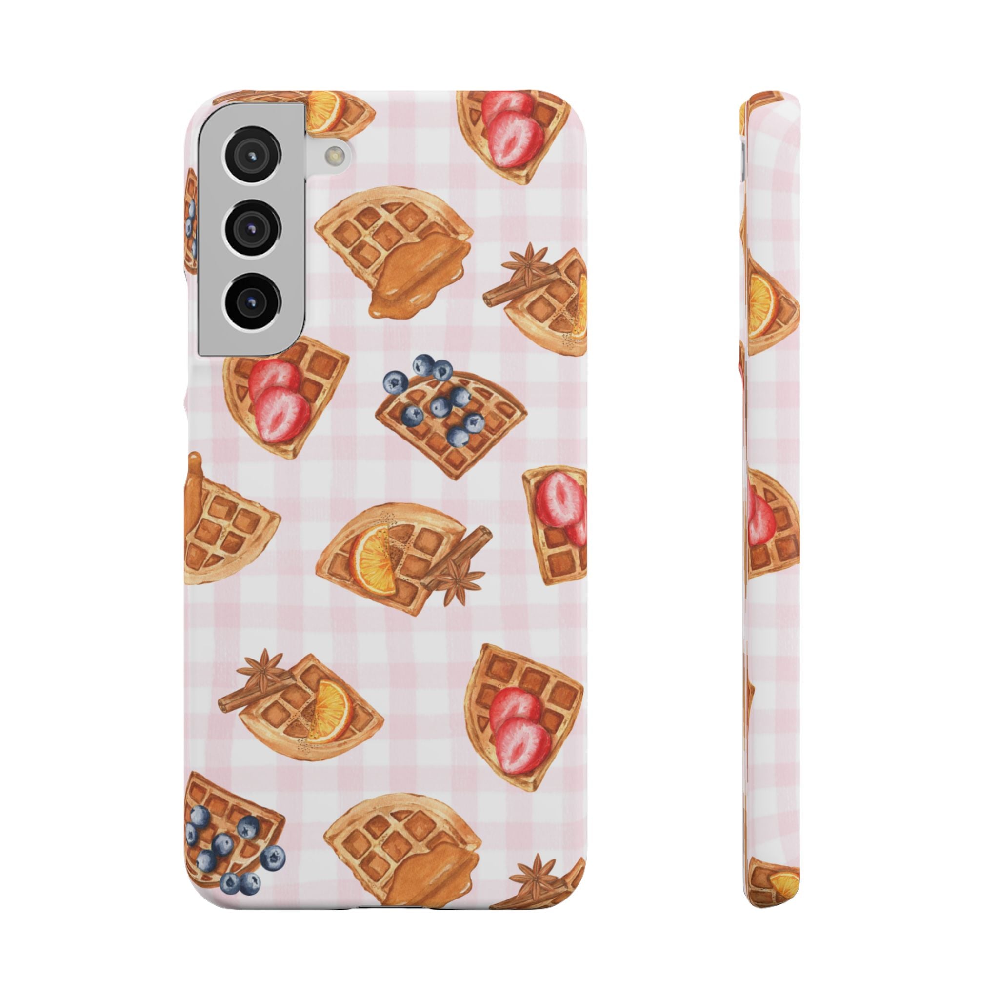 Waffle Picnic Phone Case — Cute Strawberry & Blueberry Waffles on Pink Gingham Snap Case