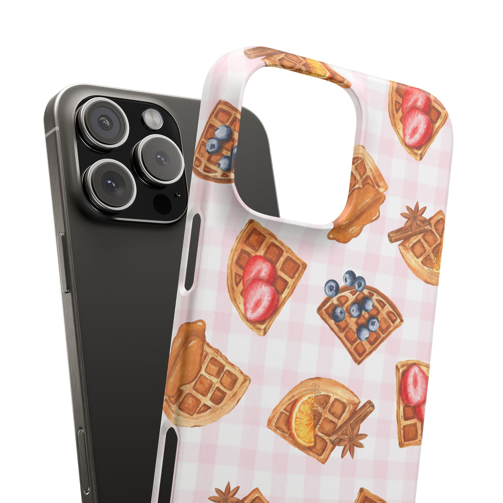 Waffle Picnic Phone Case — Cute Strawberry & Blueberry Waffles on Pink Gingham Snap Case