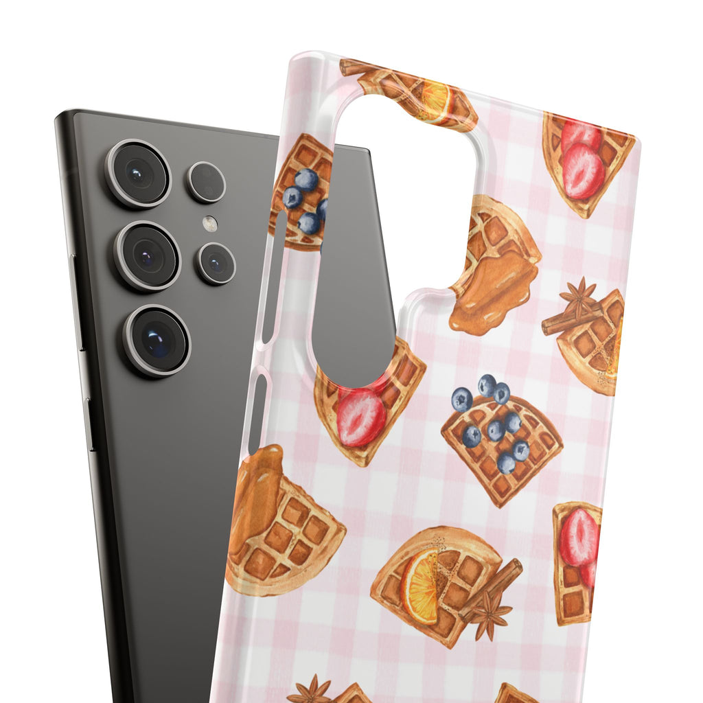 Waffle Picnic Phone Case — Cute Strawberry & Blueberry Waffles on Pink Gingham Snap Case