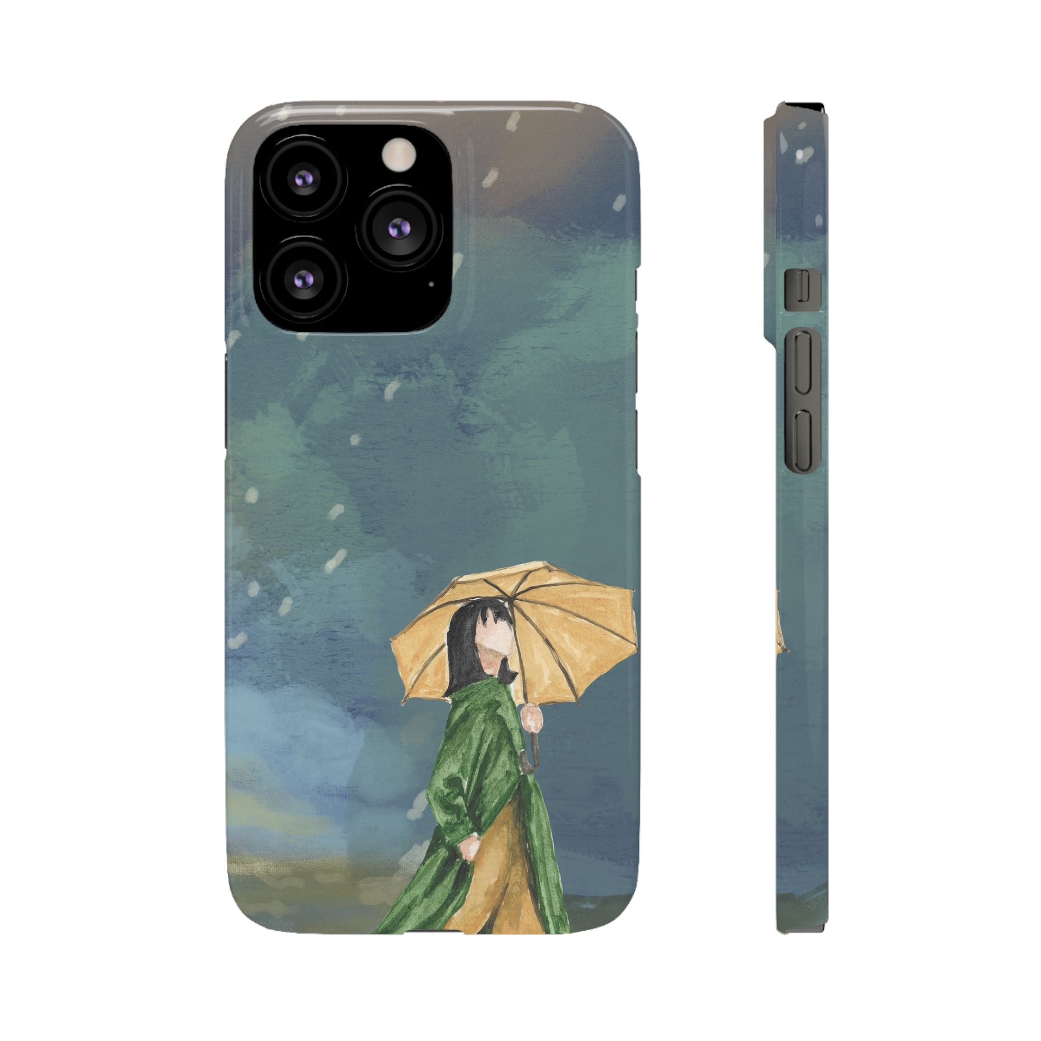 Artistic Rainfall Phone Case – Woman with Umbrella Design