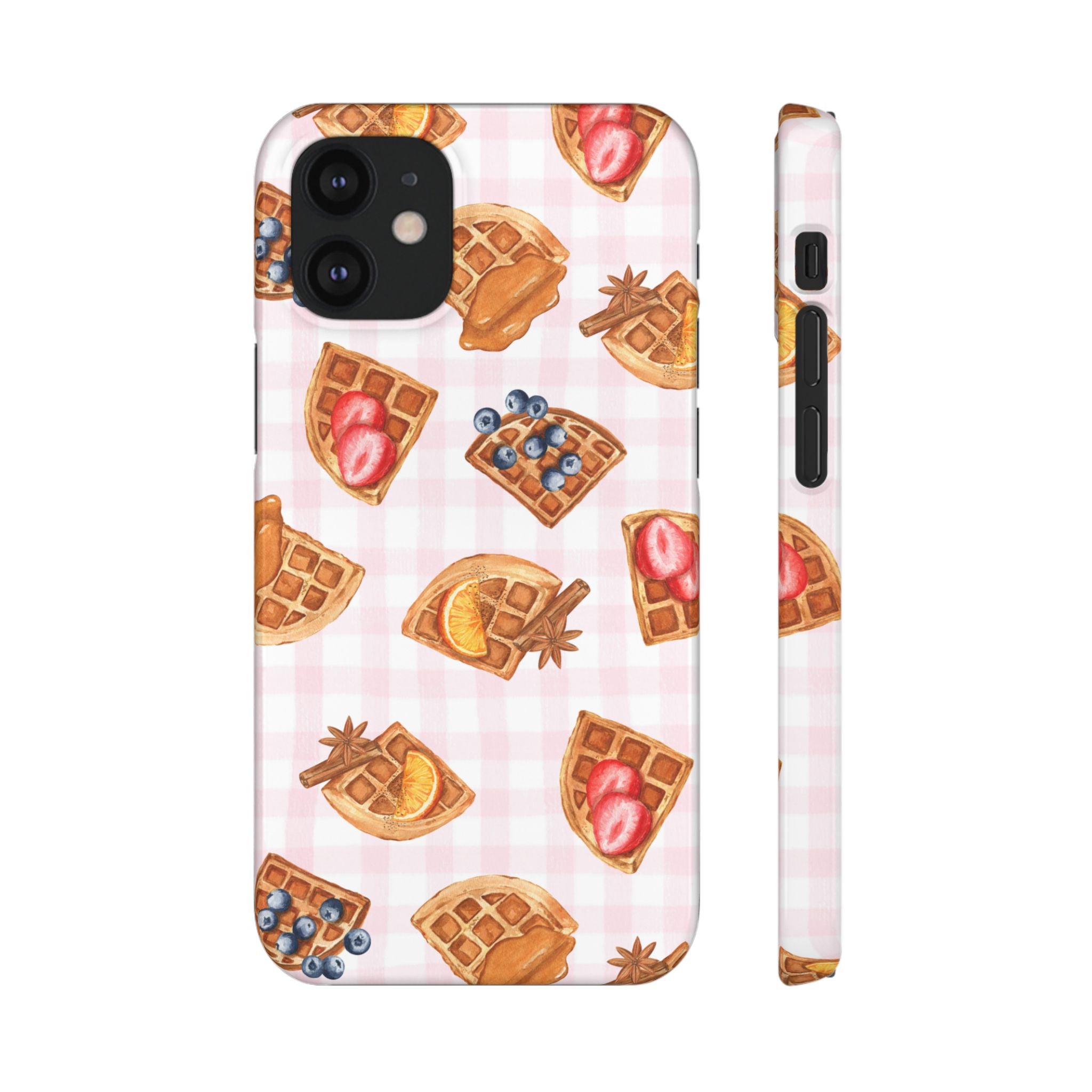 Waffle Picnic Phone Case — Cute Strawberry & Blueberry Waffles on Pink Gingham Snap Case