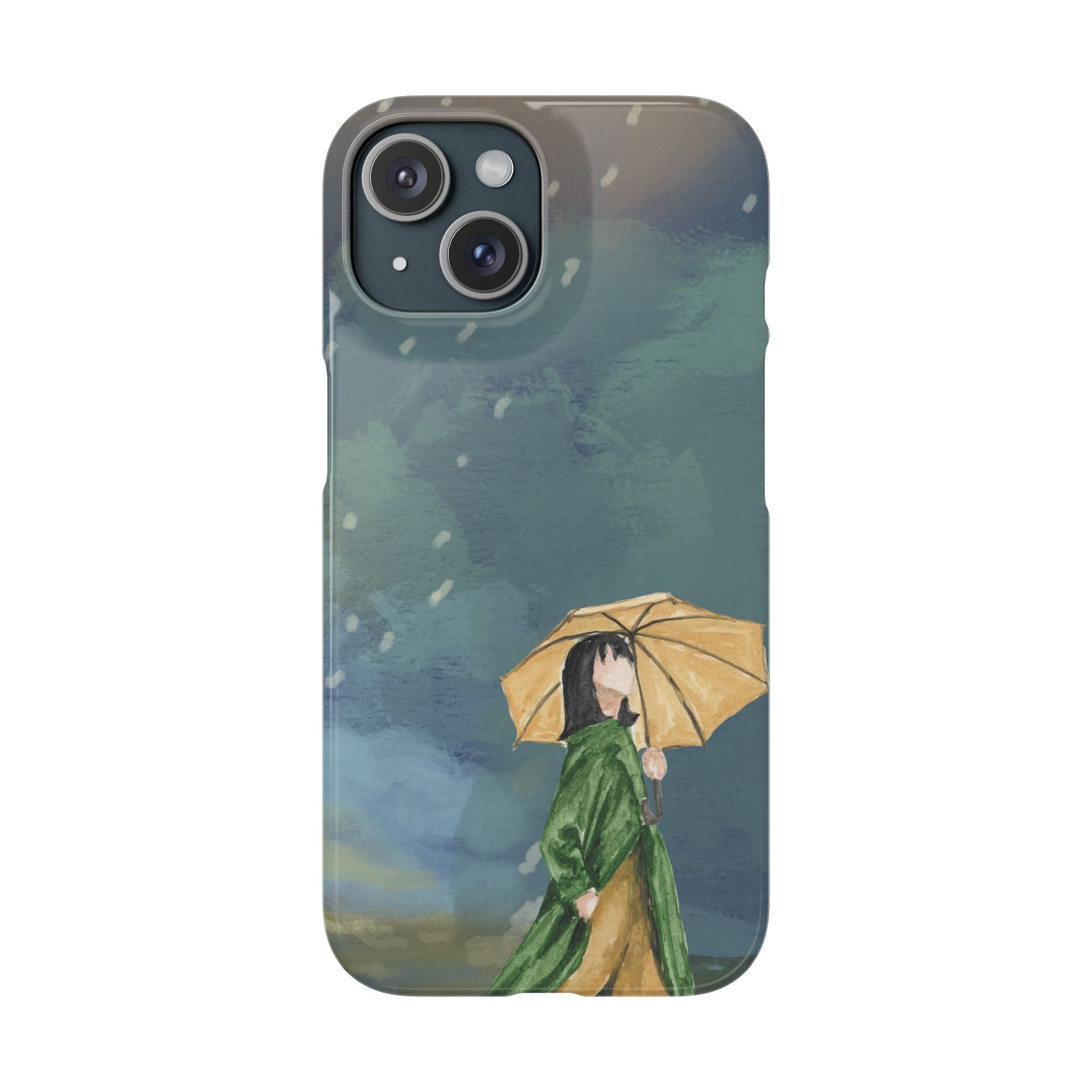 Artistic Rainfall Phone Case – Woman with Umbrella Design