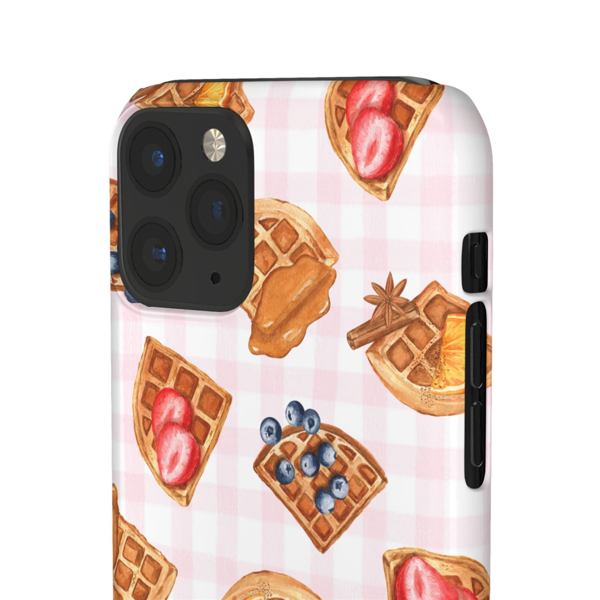 Waffle Picnic Phone Case — Cute Strawberry & Blueberry Waffles on Pink Gingham Snap Case