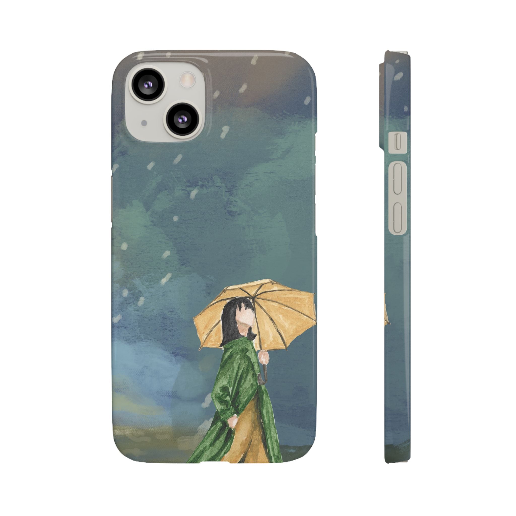 Artistic Rainfall Phone Case – Woman with Umbrella Design