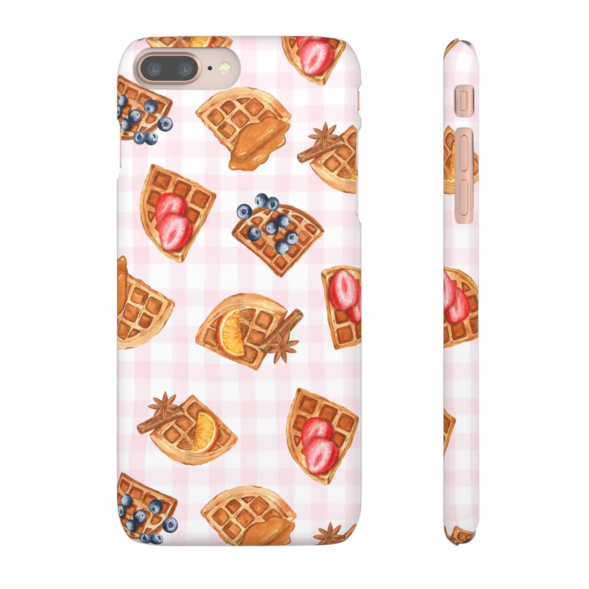 Waffle Picnic Phone Case — Cute Strawberry & Blueberry Waffles on Pink Gingham Snap Case