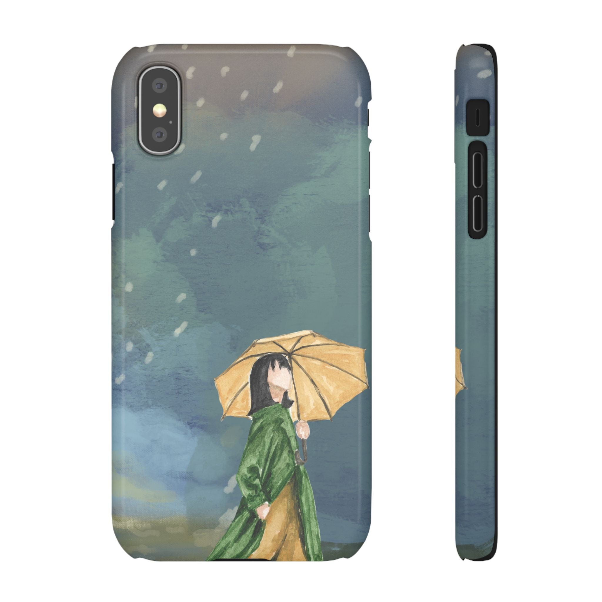 Artistic Rainfall Phone Case – Woman with Umbrella Design