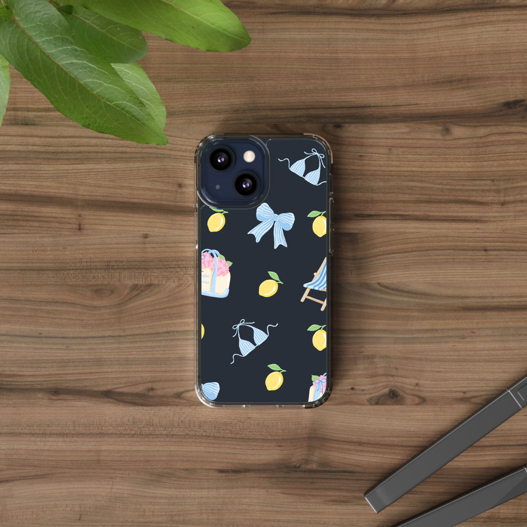 Clear Phone Case — Summer Lemon & Bow Pattern (bikini, beach chair, cake)
