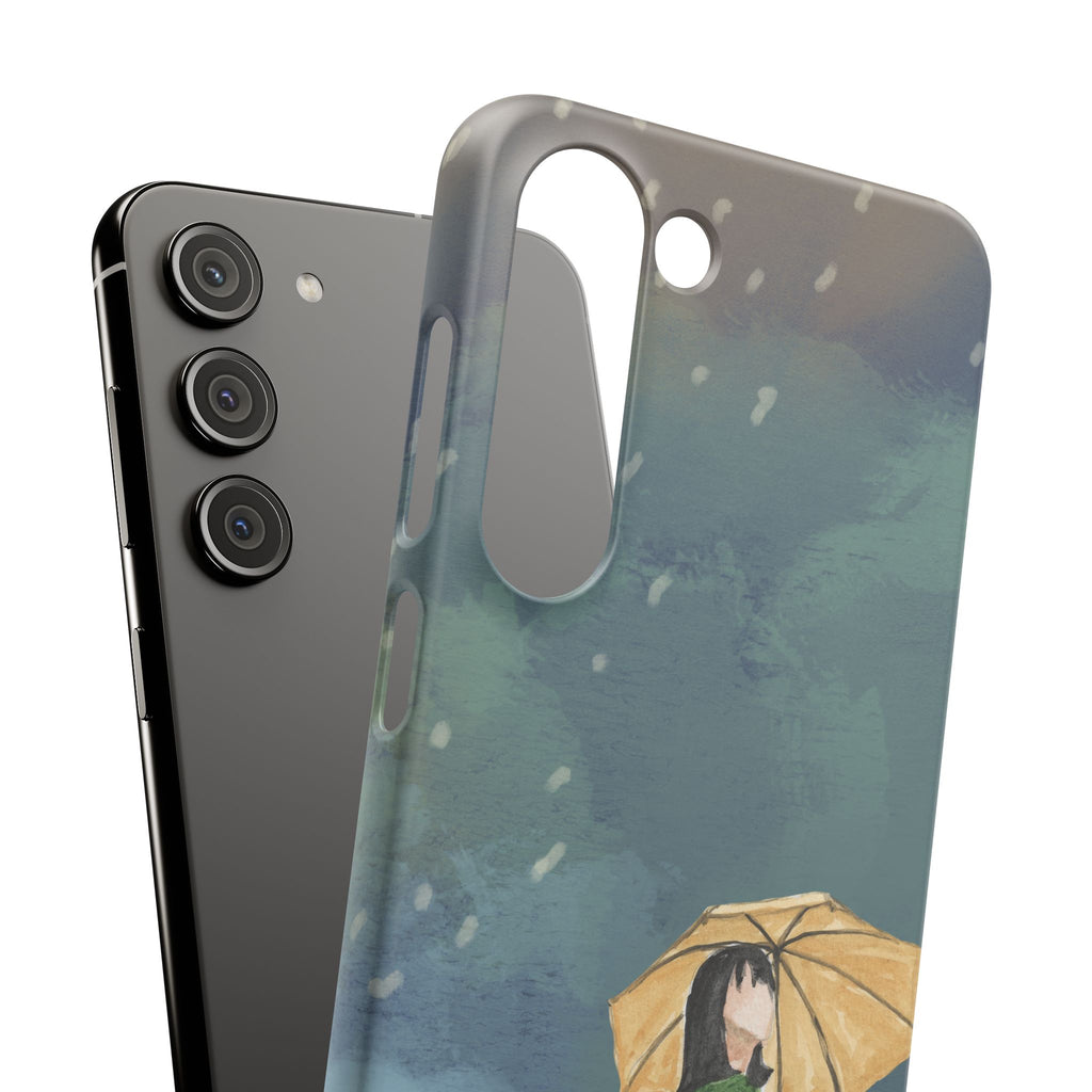 Artistic Rainfall Phone Case – Woman with Umbrella Design
