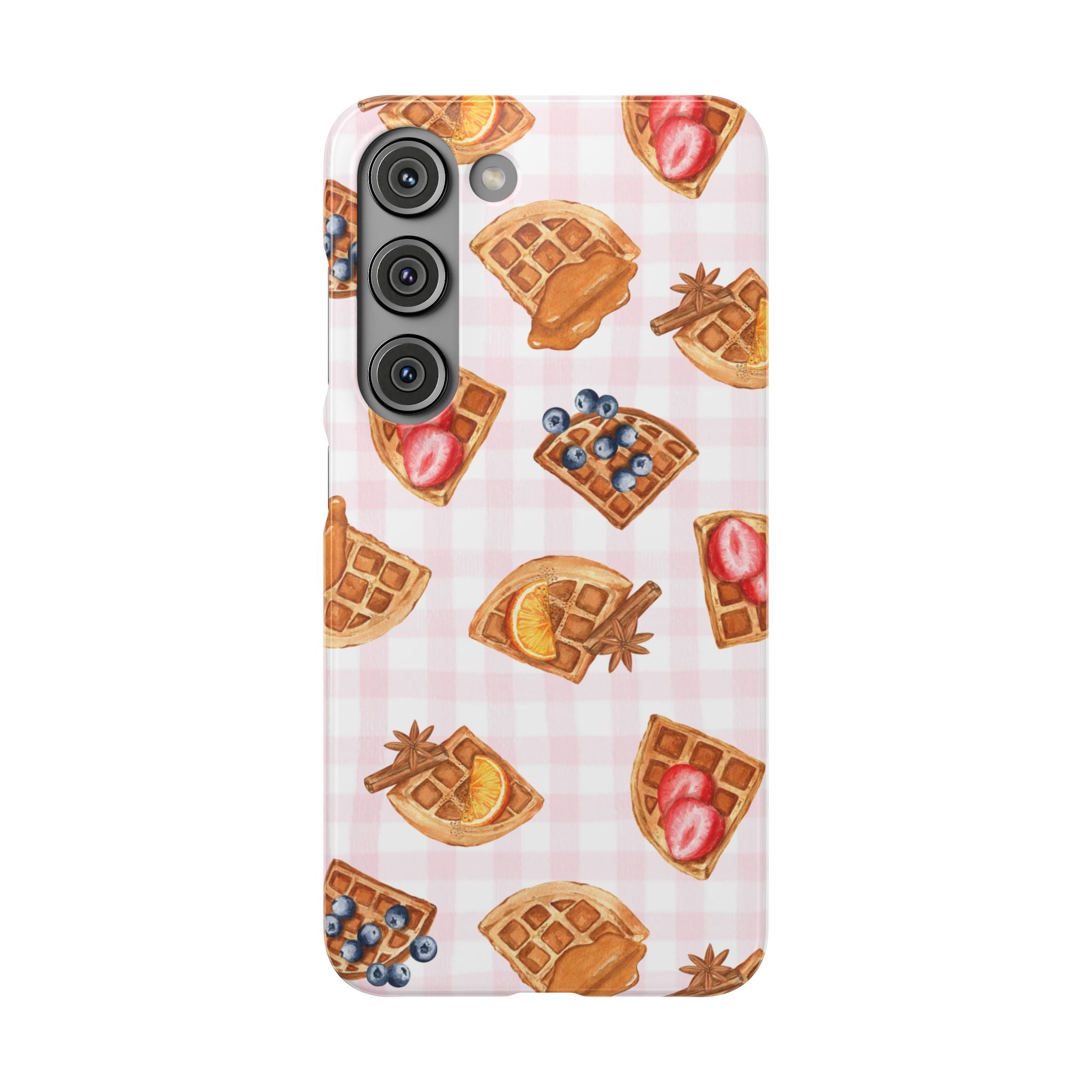 Waffle Picnic Phone Case — Cute Strawberry & Blueberry Waffles on Pink Gingham Snap Case