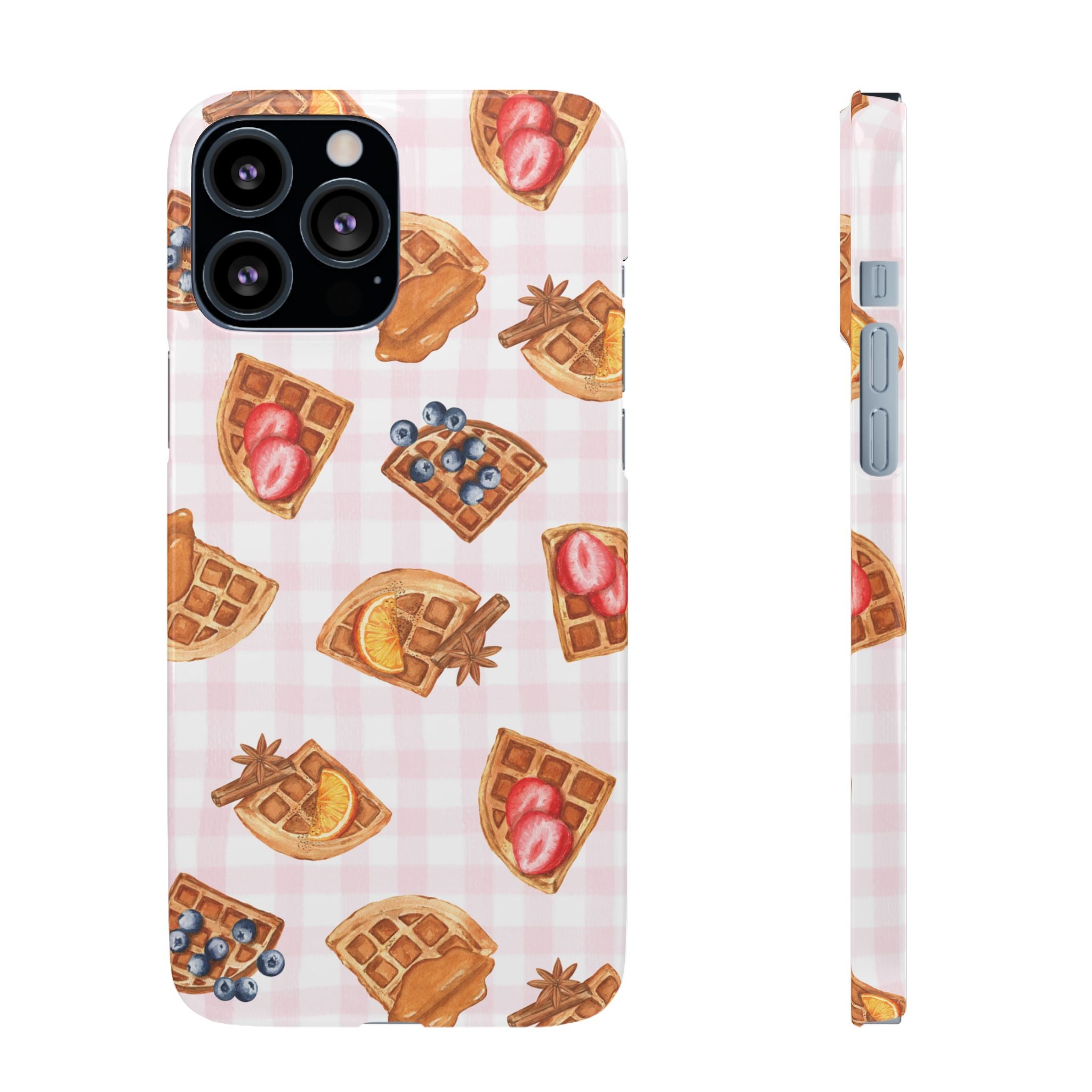 Waffle Picnic Phone Case — Cute Strawberry & Blueberry Waffles on Pink Gingham Snap Case