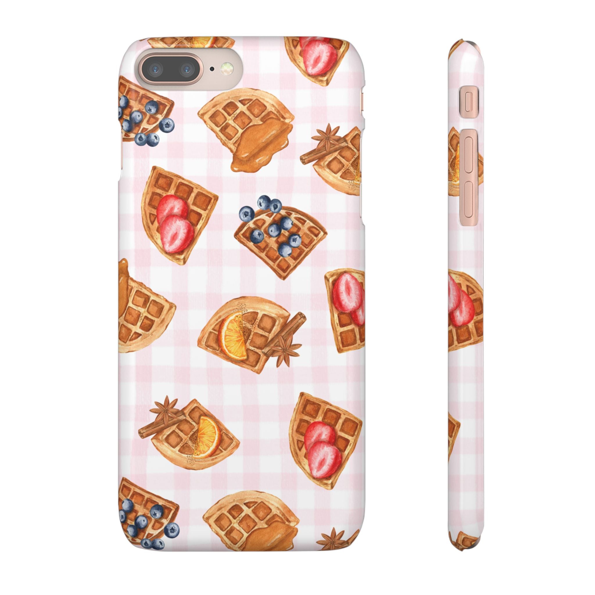 Waffle Picnic Phone Case — Cute Strawberry & Blueberry Waffles on Pink Gingham Snap Case