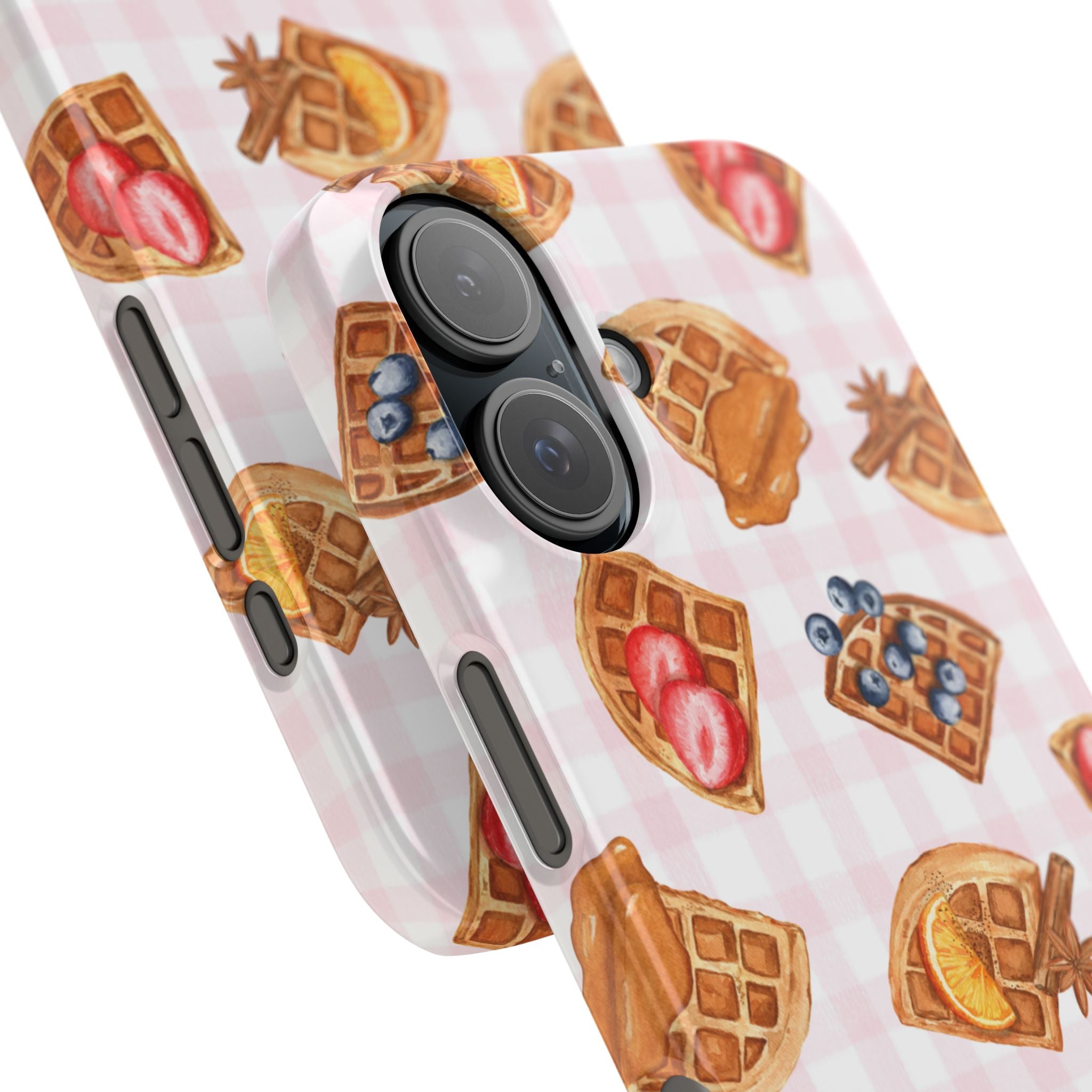 Waffle Picnic Phone Case — Cute Strawberry & Blueberry Waffles on Pink Gingham Snap Case