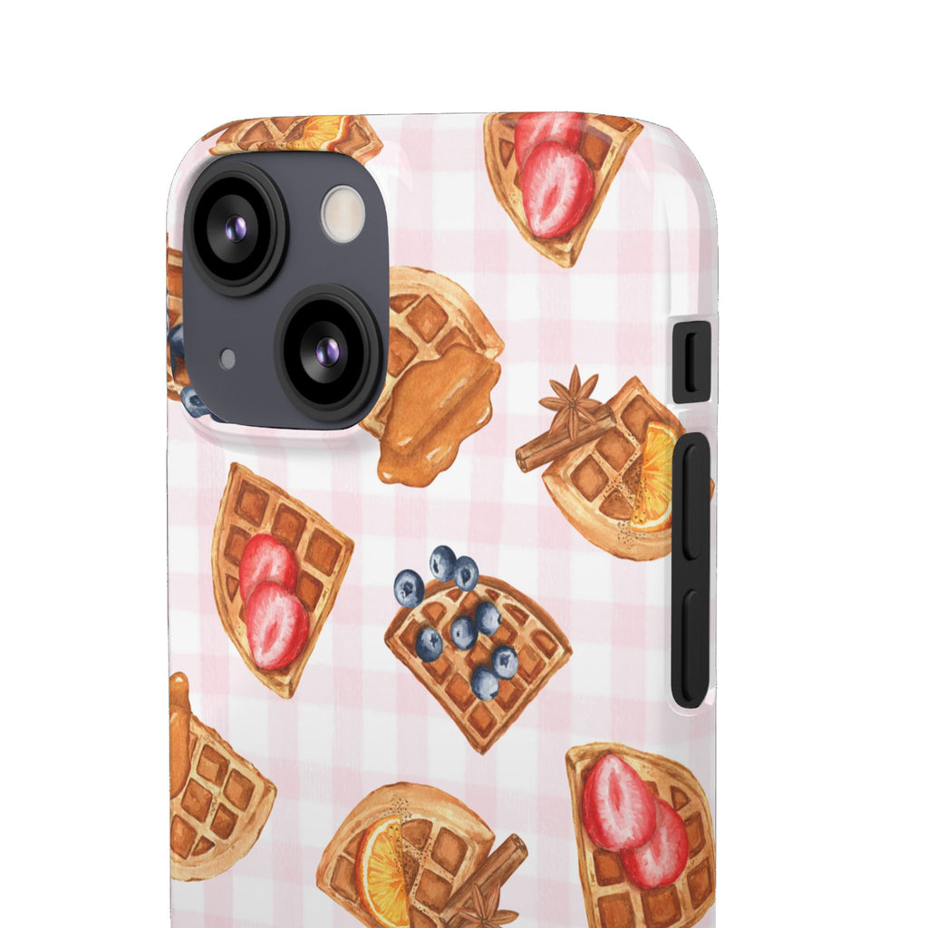 Waffle Picnic Phone Case — Cute Strawberry & Blueberry Waffles on Pink Gingham Snap Case