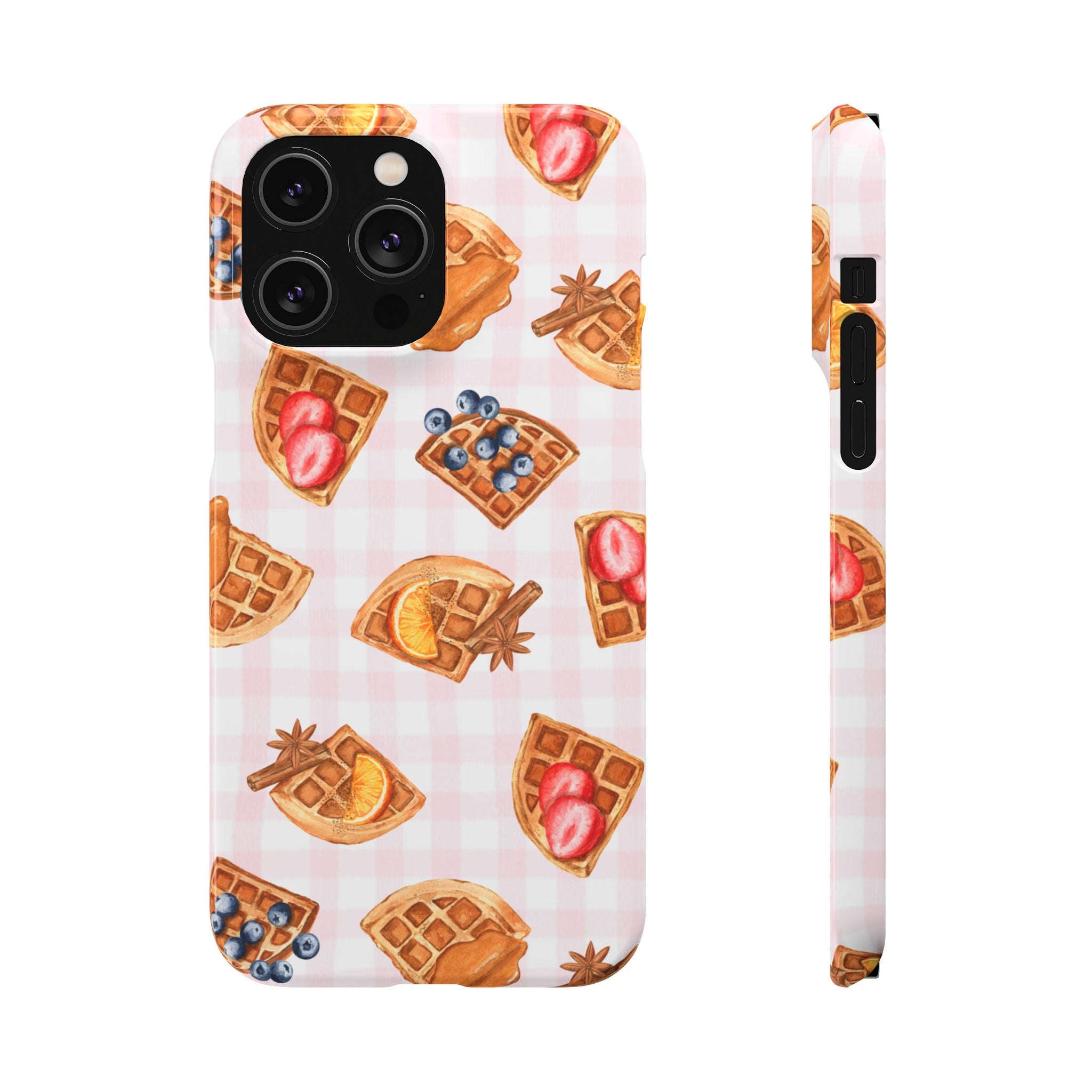 Waffle Picnic Phone Case — Cute Strawberry & Blueberry Waffles on Pink Gingham Snap Case