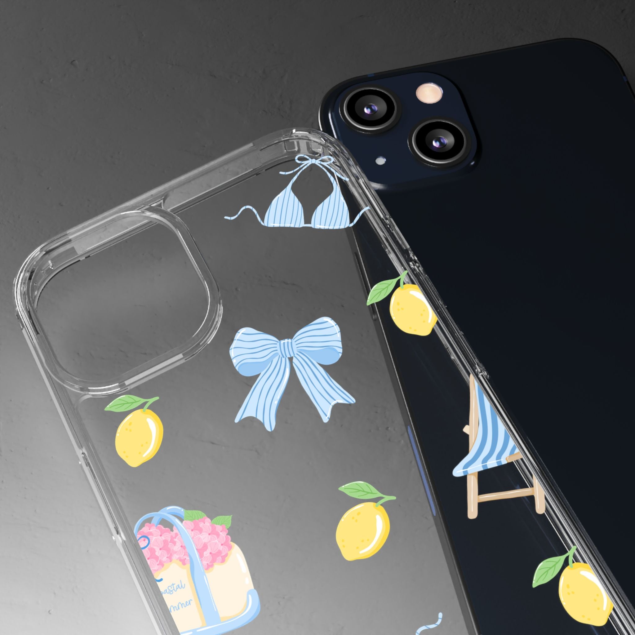 Clear Phone Case — Summer Lemon & Bow Pattern (bikini, beach chair, cake)