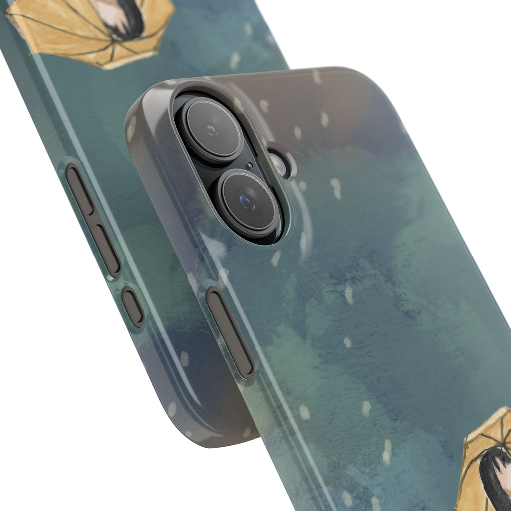 Artistic Rainfall Phone Case – Woman with Umbrella Design